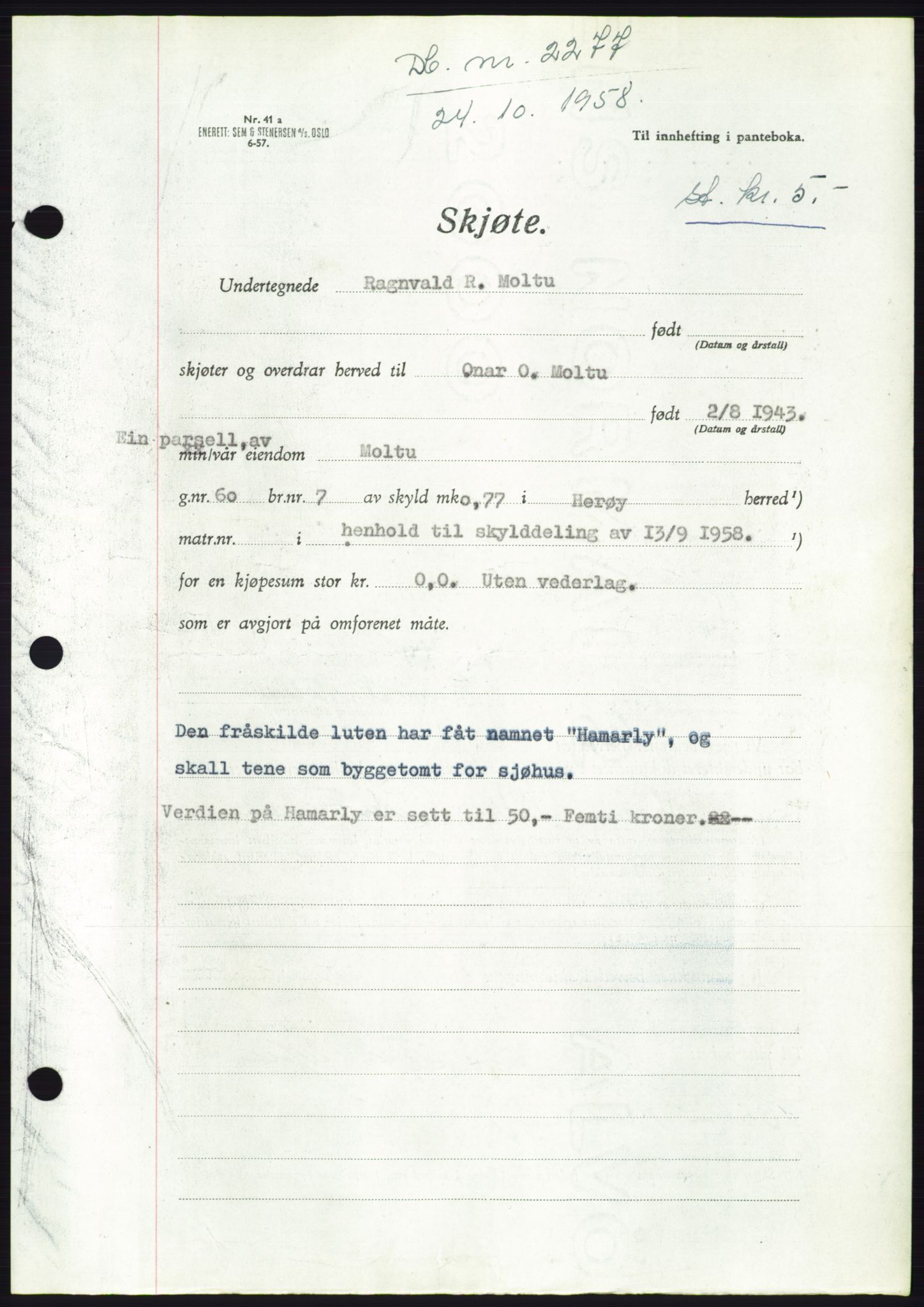 Søre Sunnmøre sorenskriveri, AV/SAT-A-4122/1/2/2C/L0110: Mortgage book no. 36A, 1958-1958, Diary no: : 2277/1958