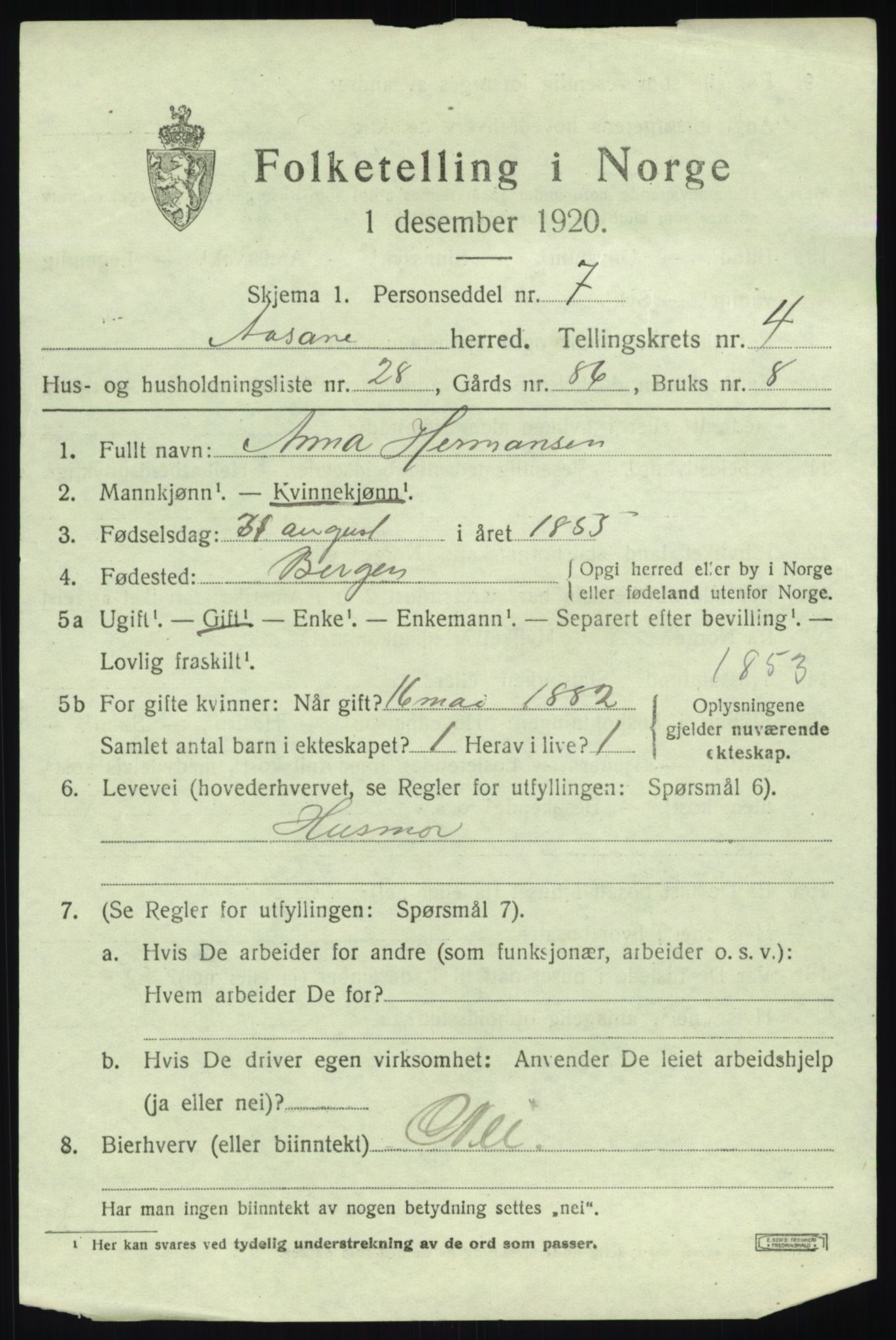 SAB, 1920 census for Åsane, 1920, p. 2845