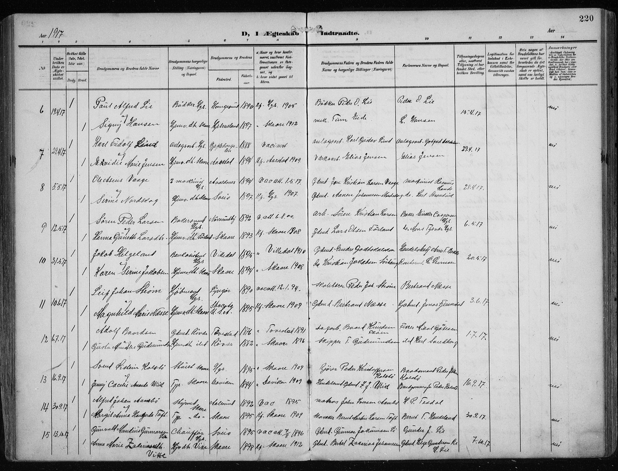 Haugesund sokneprestkontor, AV/SAST-A -101863/H/Ha/Haa/L0010: Parish register (official) no. A 10, 1909-1935, p. 220