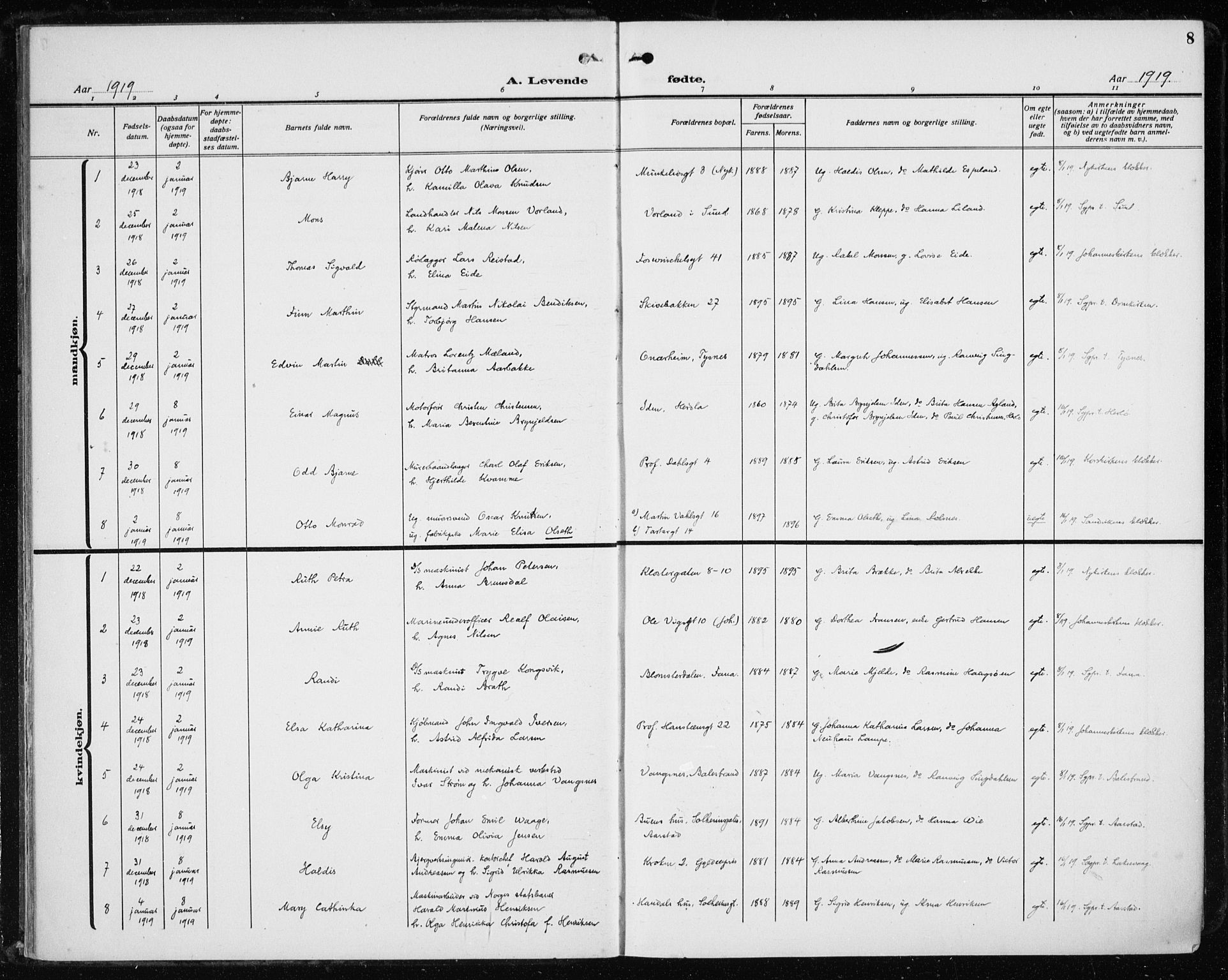 Fødselsstiftelsens sokneprestembete*, SAB/-: Parish register (official) no. A 5, 1918-1926, p. 8