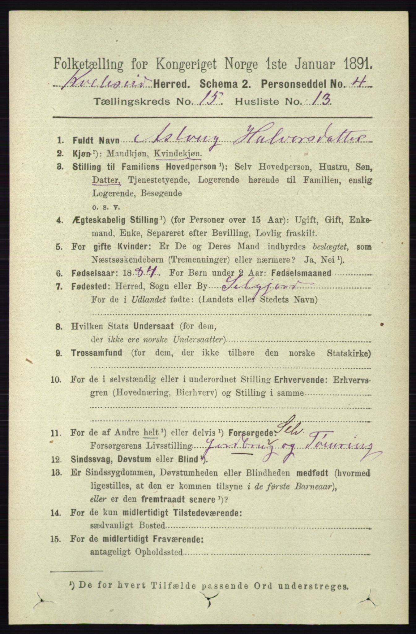 RA, 1891 census for 0829 Kviteseid, 1891, p. 3587