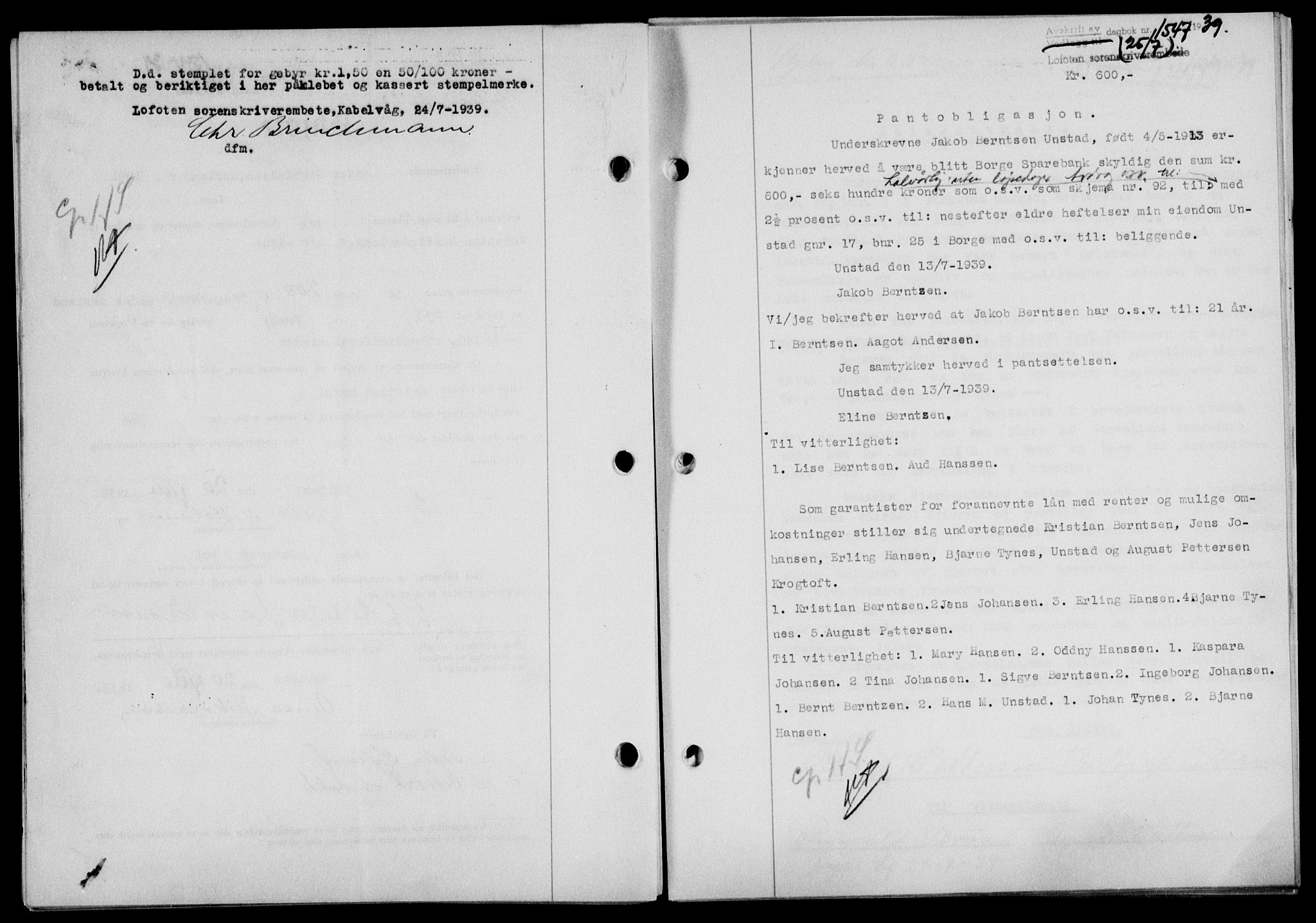 Lofoten sorenskriveri, SAT/A-0017/1/2/2C/L0006a: Mortgage book no. 6a, 1939-1939, Diary no: : 1547/1939