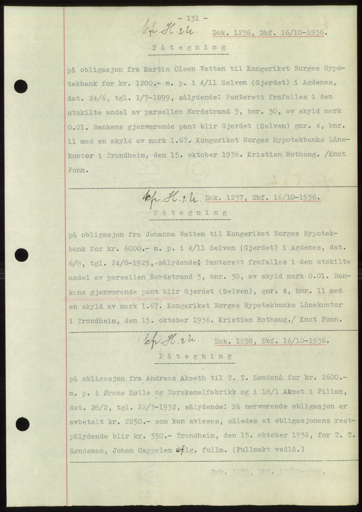 Hitra sorenskriveri, AV/SAT-A-0018/2/2C/2Ca: Mortgage book no. C1, 1936-1945, Diary no: : 1236/1936