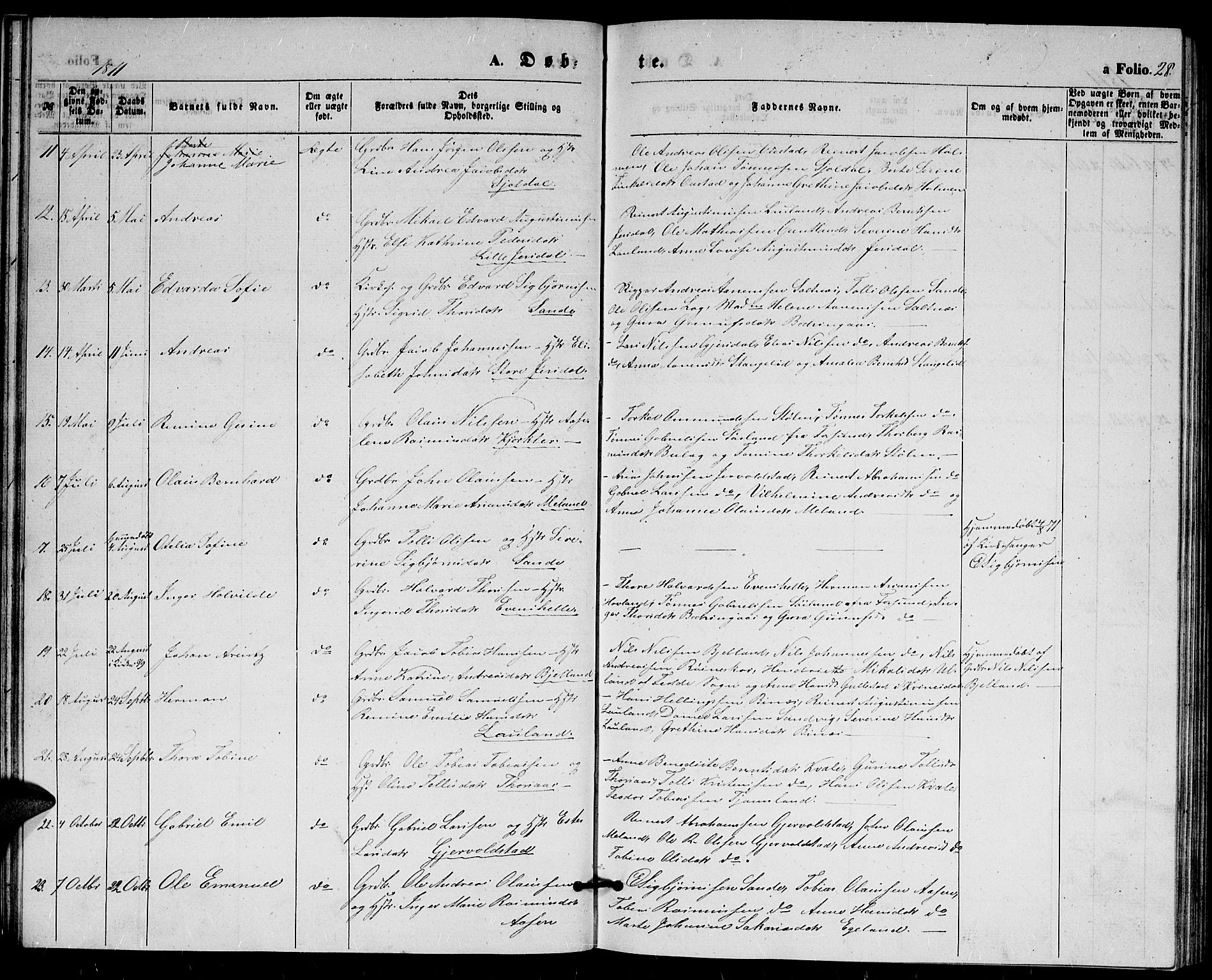 Herad sokneprestkontor, SAK/1111-0018/F/Fb/Fba/L0003: Parish register (copy) no. B 3, 1863-1883, p. 28