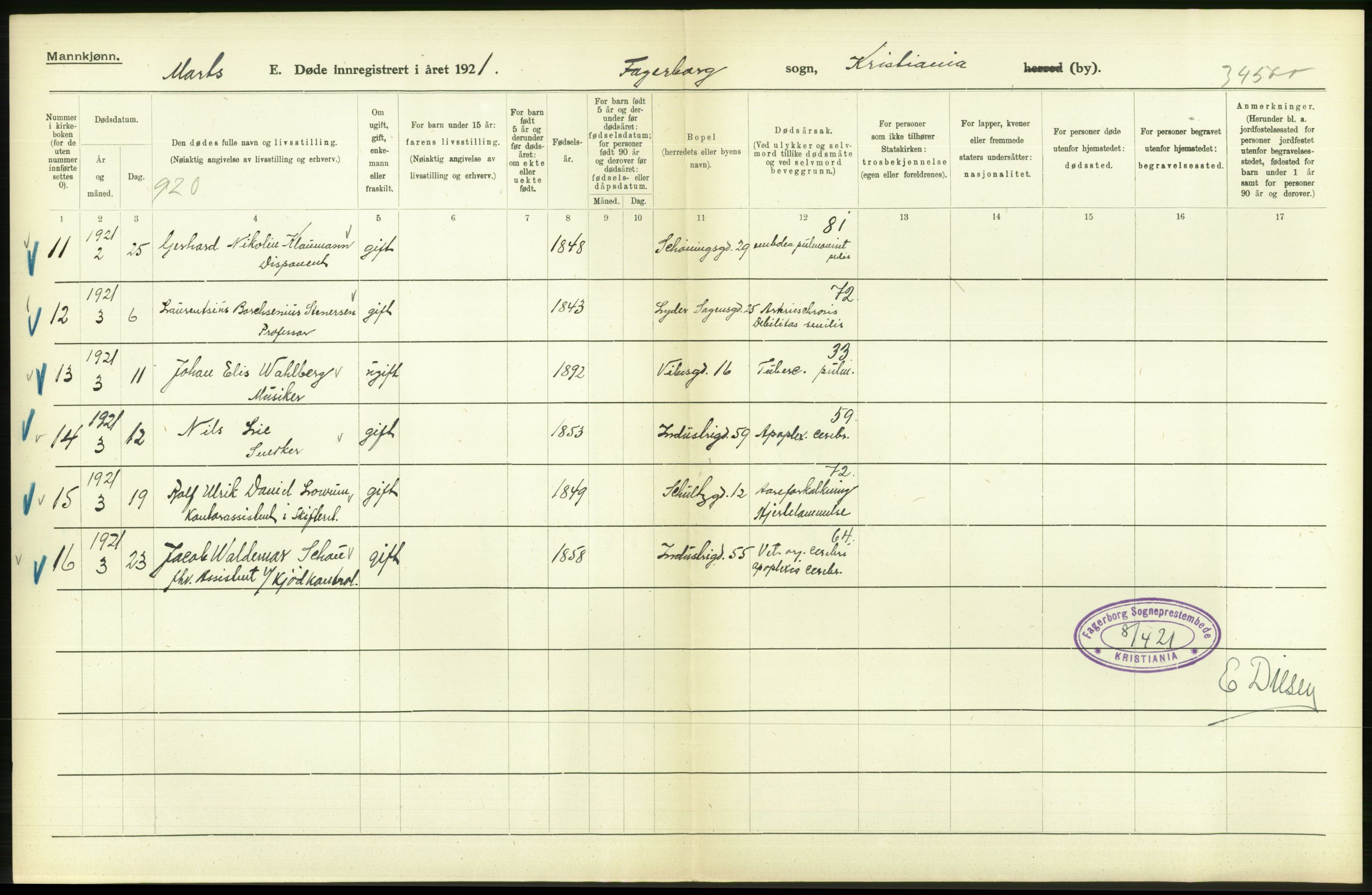 Statistisk sentralbyrå, Sosiodemografiske emner, Befolkning, AV/RA-S-2228/D/Df/Dfc/Dfca/L0012: Kristiania: Døde, 1921, p. 288