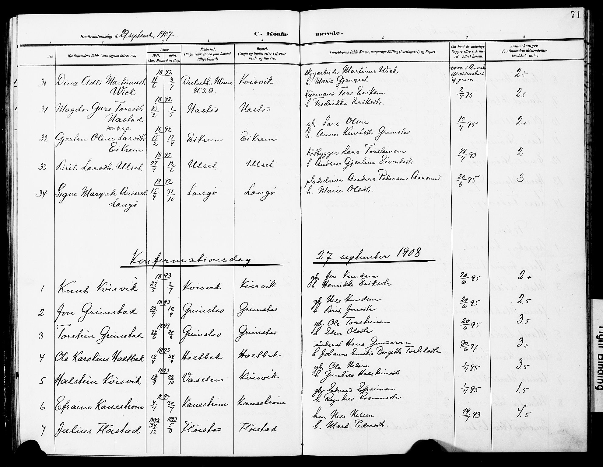 Ministerialprotokoller, klokkerbøker og fødselsregistre - Møre og Romsdal, AV/SAT-A-1454/587/L1001: Parish register (copy) no. 587C01, 1906-1927, p. 71