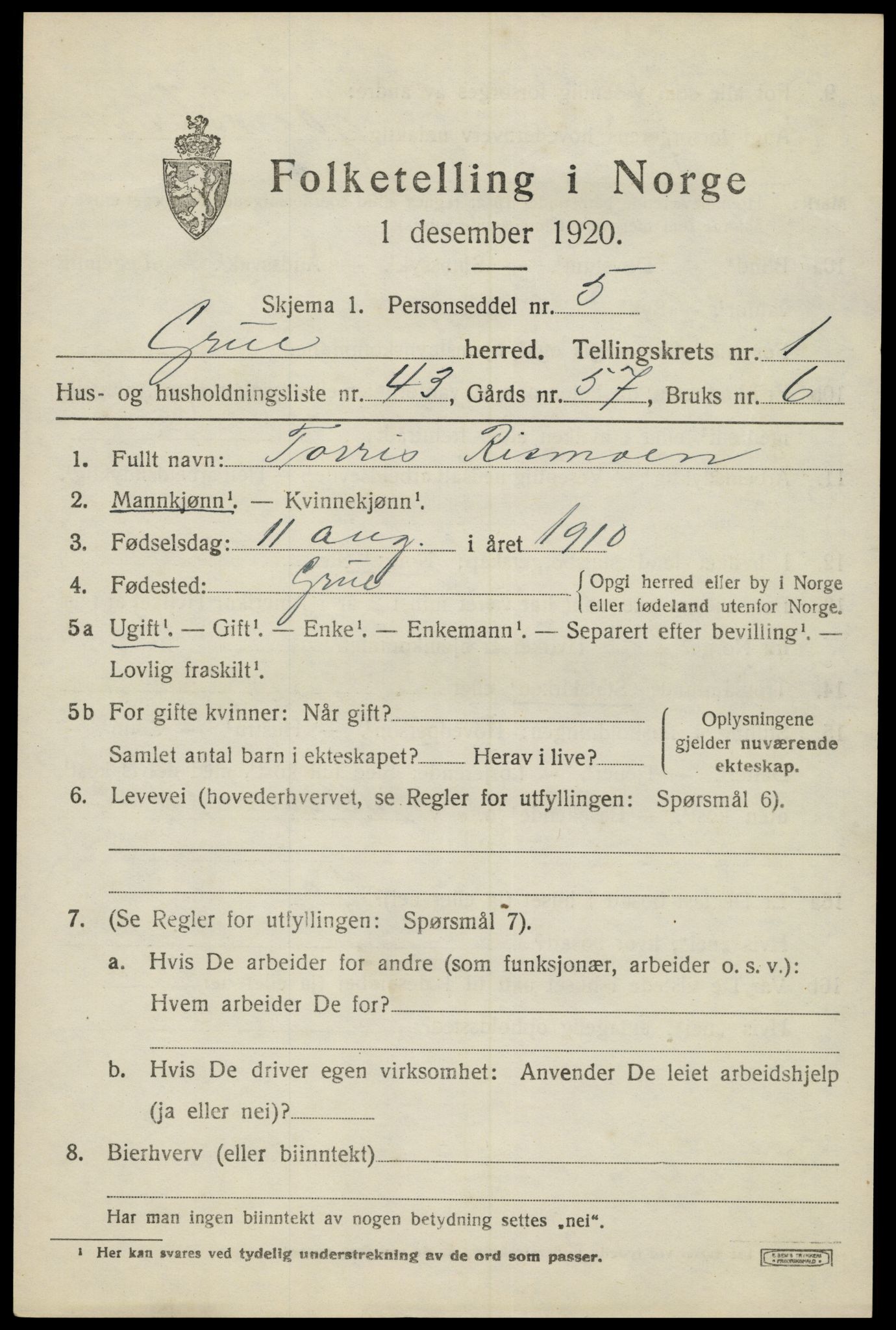 SAH, 1920 census for Grue, 1920, p. 2973