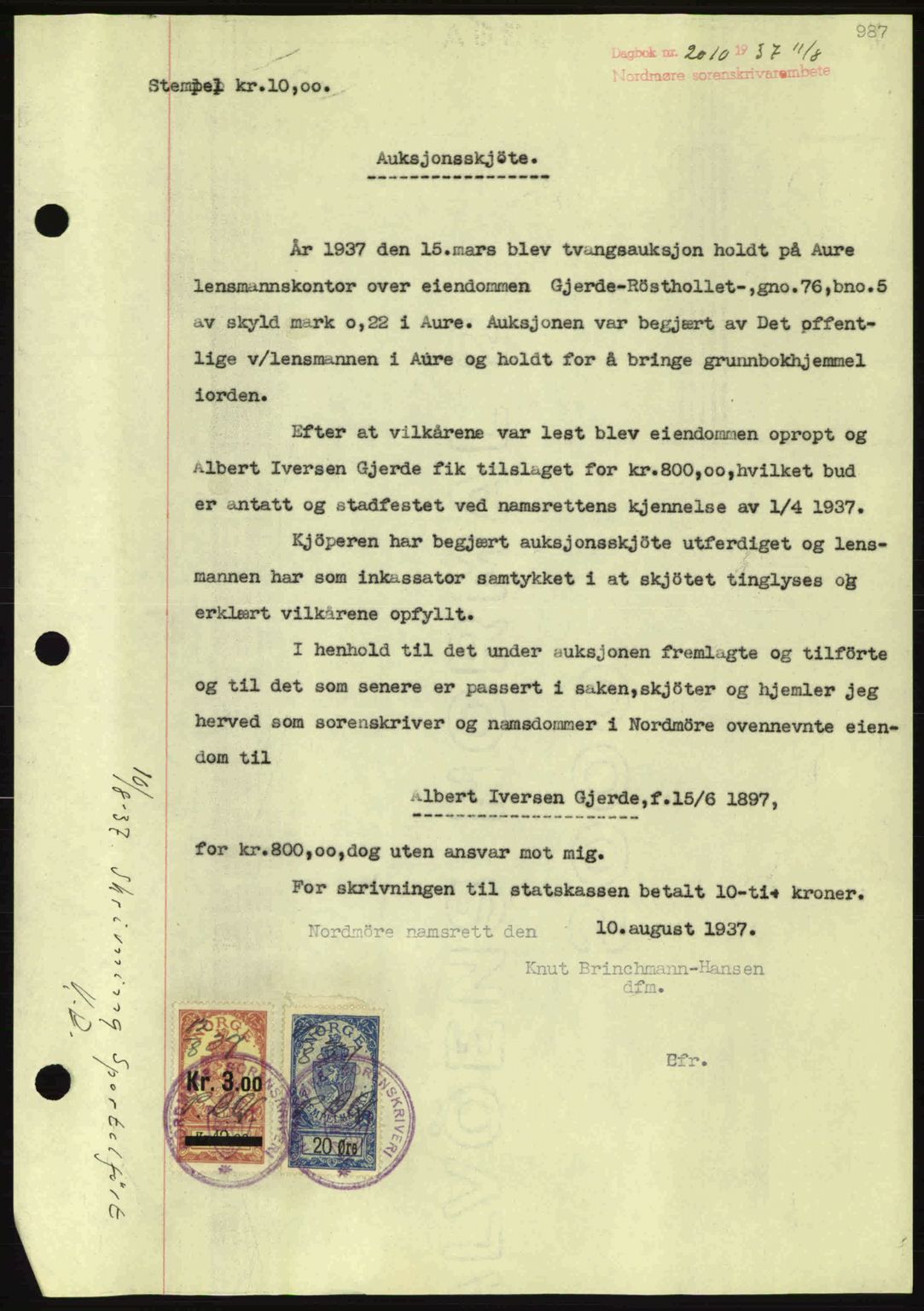 Nordmøre sorenskriveri, AV/SAT-A-4132/1/2/2Ca: Mortgage book no. A81, 1937-1937, Diary no: : 2010/1937