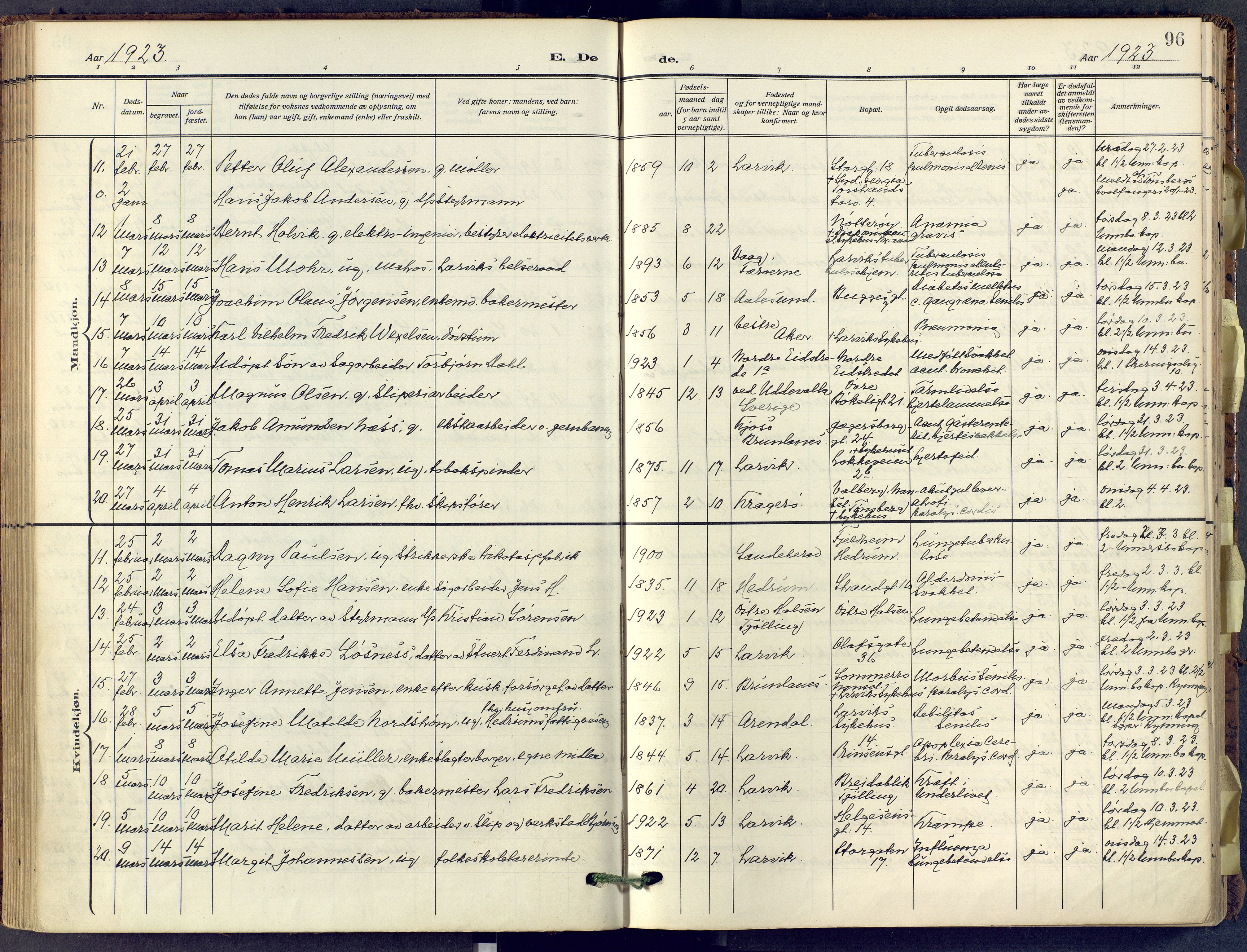 Larvik kirkebøker, SAKO/A-352/F/Fa/L0013: Parish register (official) no. I 13, 1910-1960, p. 96