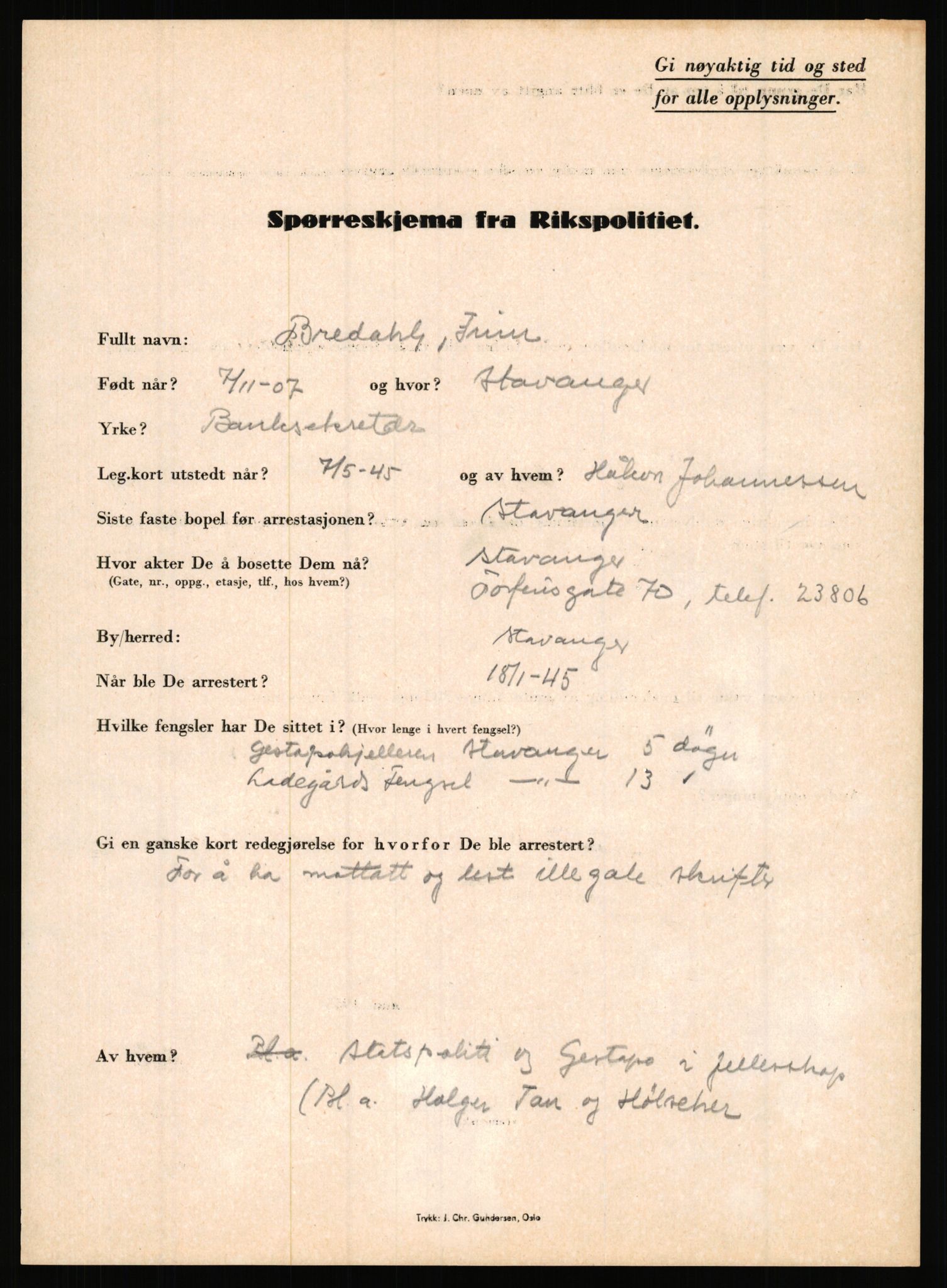 Rikspolitisjefen, AV/RA-S-1560/L/L0002: Berg, Alf - Bråthen, Thorleif, 1940-1945, p. 916