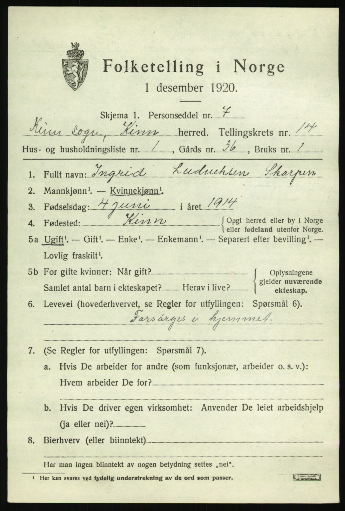 SAB, 1920 census for Kinn, 1920, p. 5129