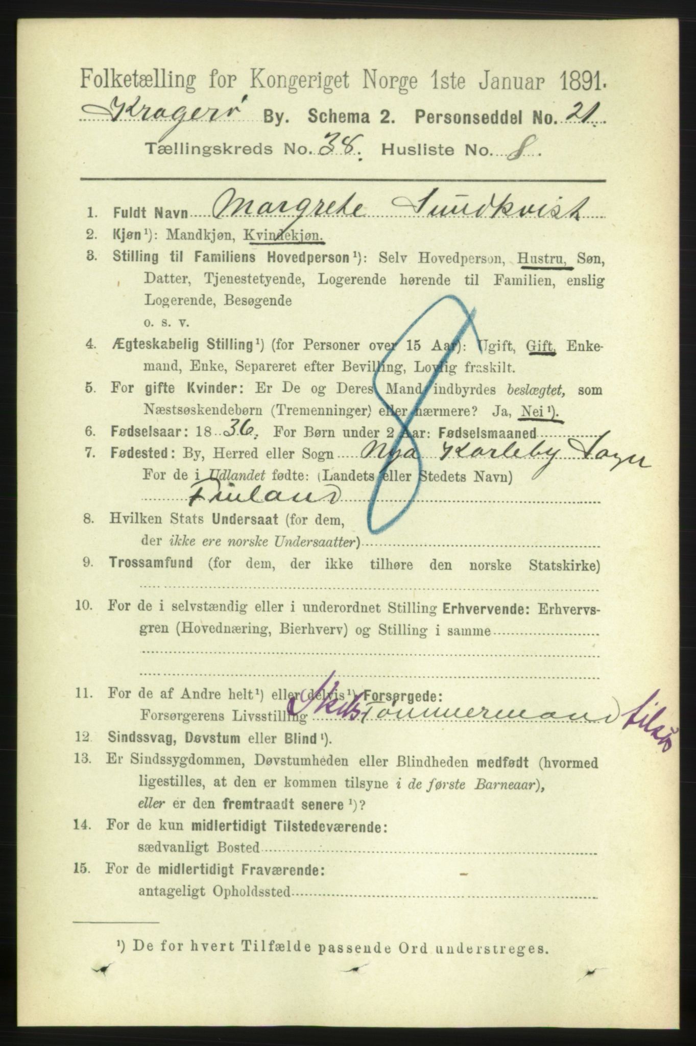 RA, 1891 census for 0801 Kragerø, 1891, p. 7191