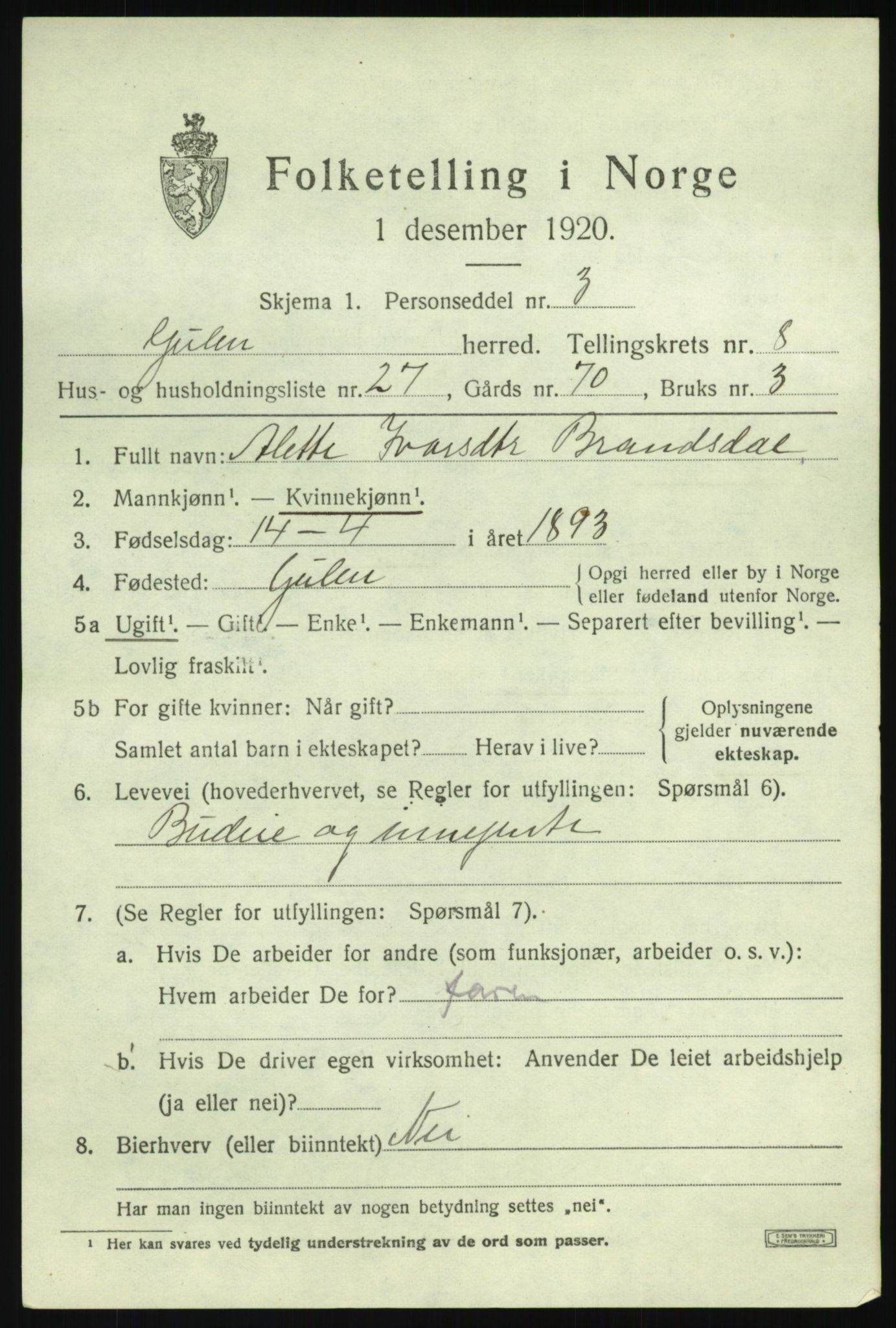 SAB, 1920 census for Gulen, 1920, p. 3861