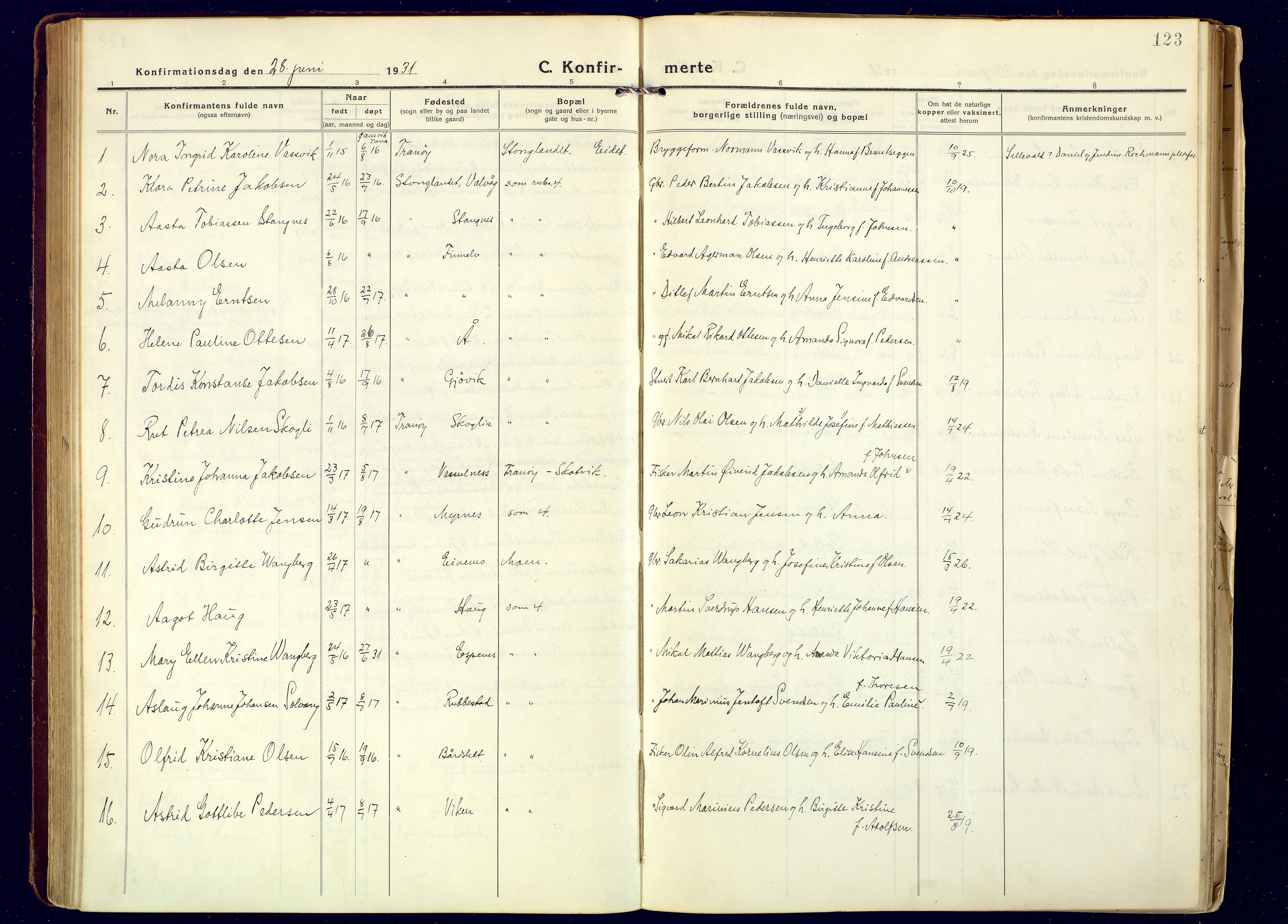 Tranøy sokneprestkontor, SATØ/S-1313/I/Ia/Iaa/L0016kirke: Parish register (official) no. 16, 1919-1932, p. 123