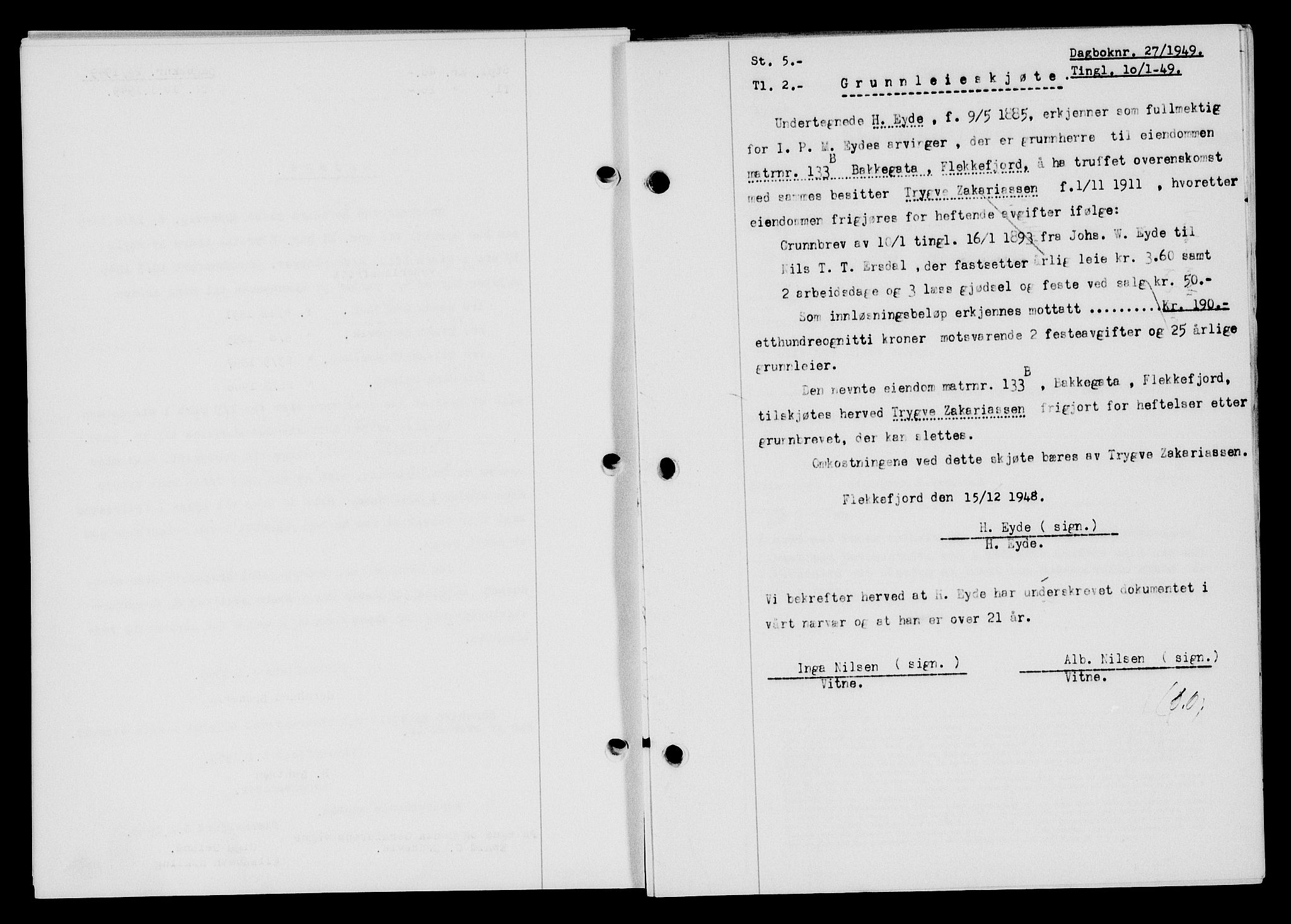 Flekkefjord sorenskriveri, SAK/1221-0001/G/Gb/Gba/L0064: Mortgage book no. A-12, 1948-1949, Diary no: : 27/1949