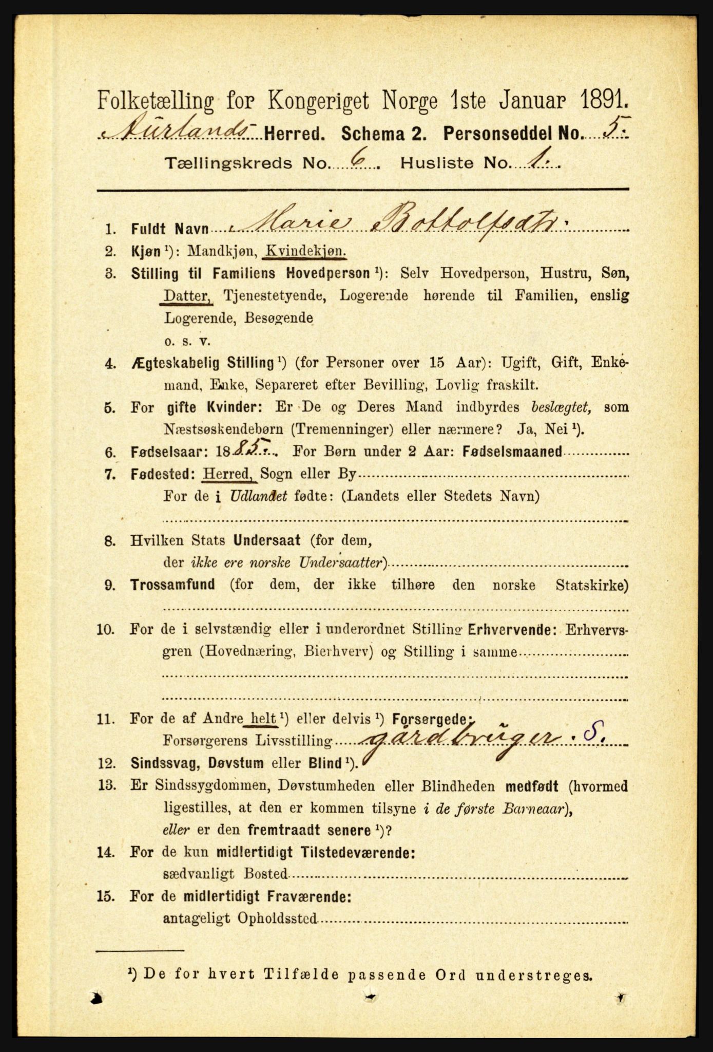 RA, 1891 census for 1421 Aurland, 1891, p. 2287