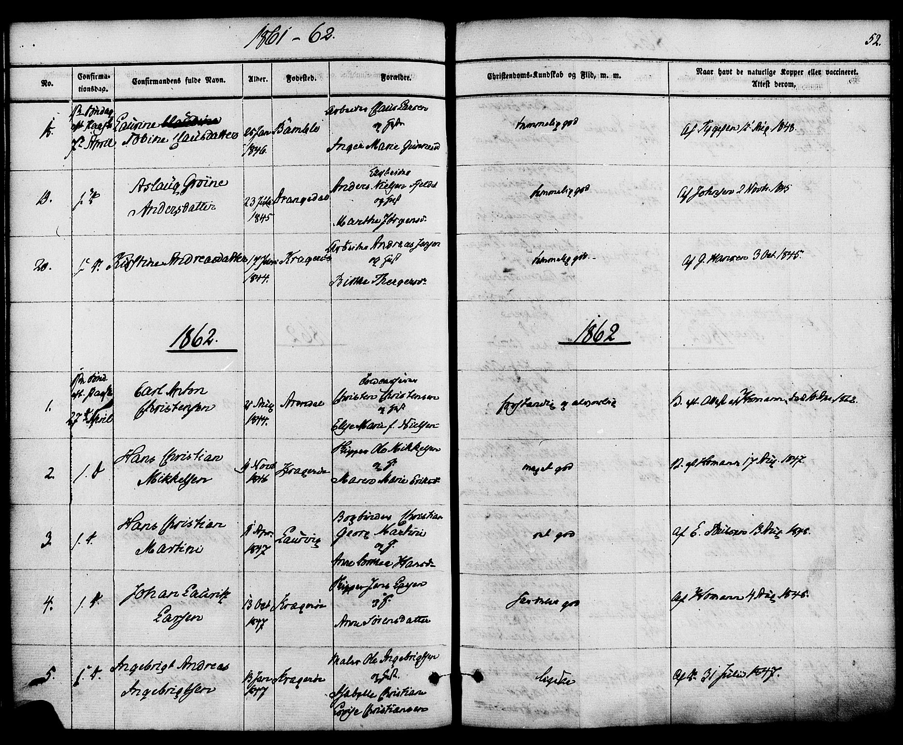 Kragerø kirkebøker, SAKO/A-278/F/Fa/L0008: Parish register (official) no. 8, 1856-1880, p. 52