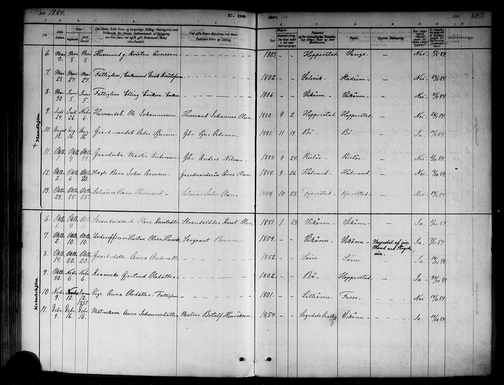 Vik sokneprestembete, SAB/A-81501: Parish register (official) no. B 1, 1878-1890, p. 185