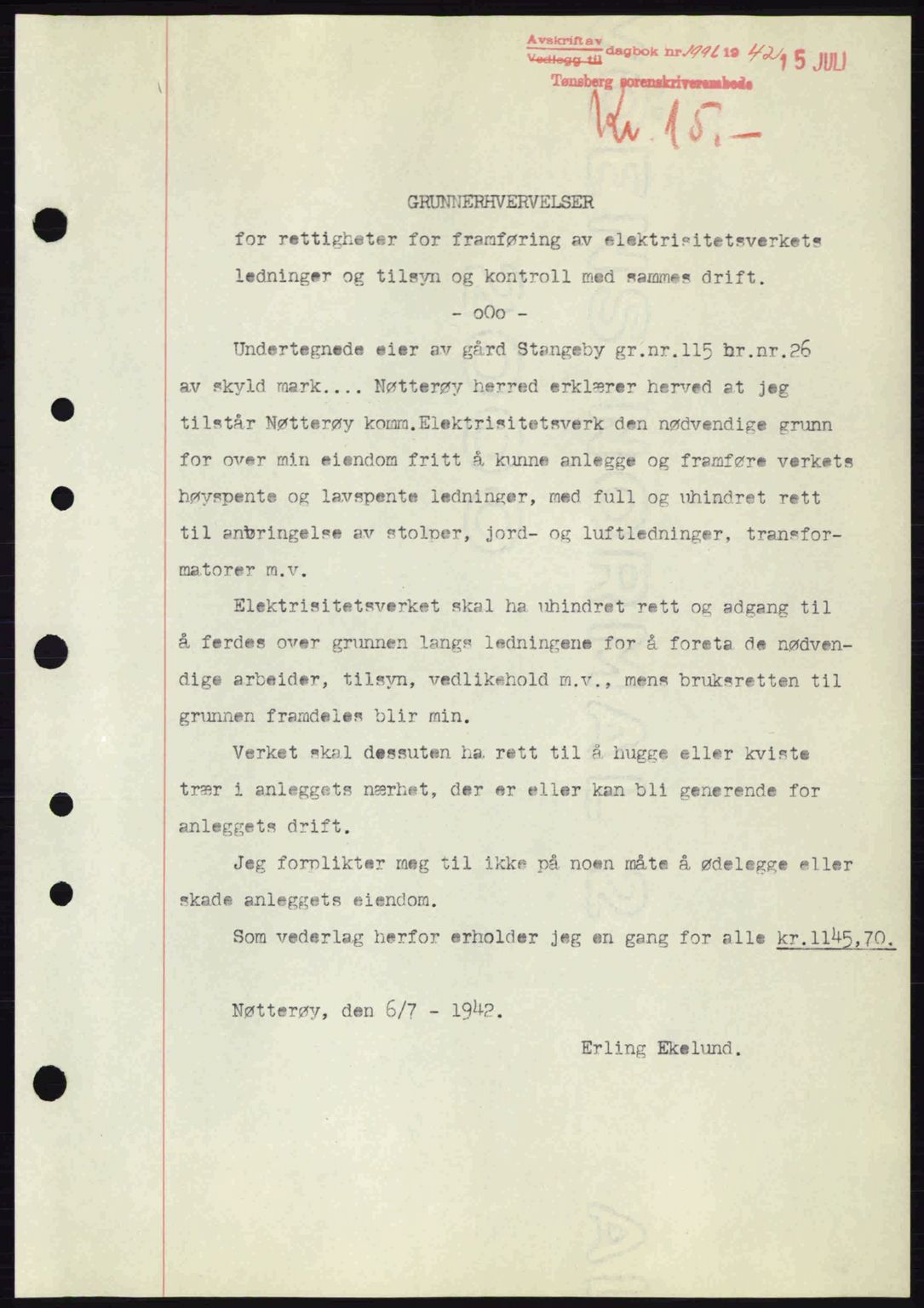 Tønsberg sorenskriveri, AV/SAKO-A-130/G/Ga/Gaa/L0011: Mortgage book no. A11, 1941-1942, Diary no: : 1996/1942