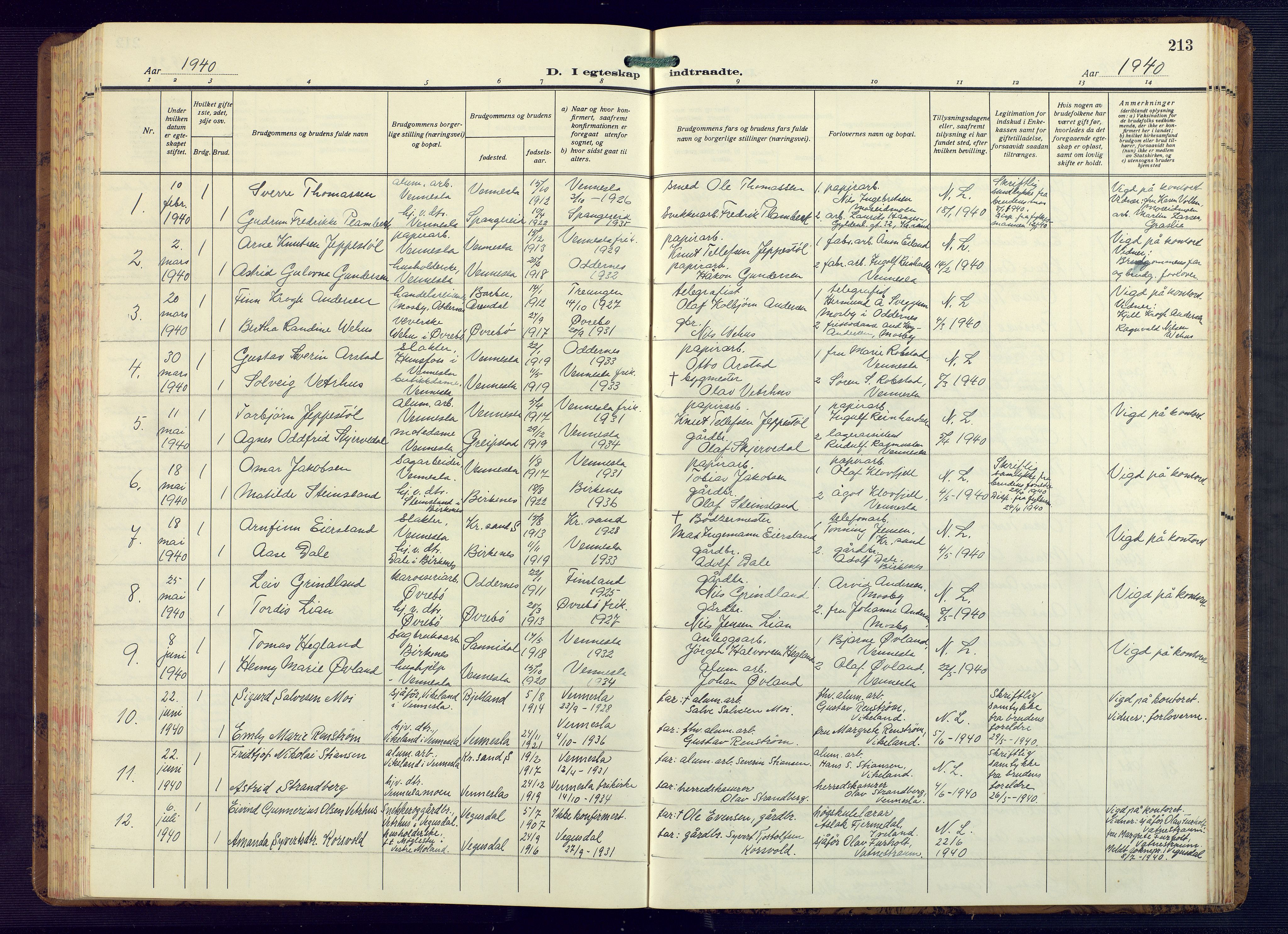 Vennesla sokneprestkontor, AV/SAK-1111-0045/Fb/Fbb/L0008: Parish register (copy) no. B 8, 1934-1947, p. 213