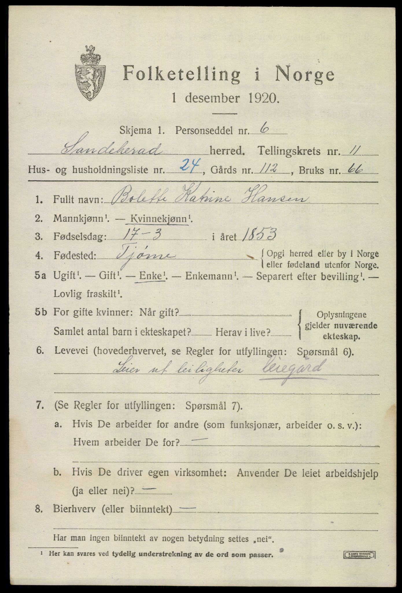 SAKO, 1920 census for Sandeherred, 1920, p. 15886