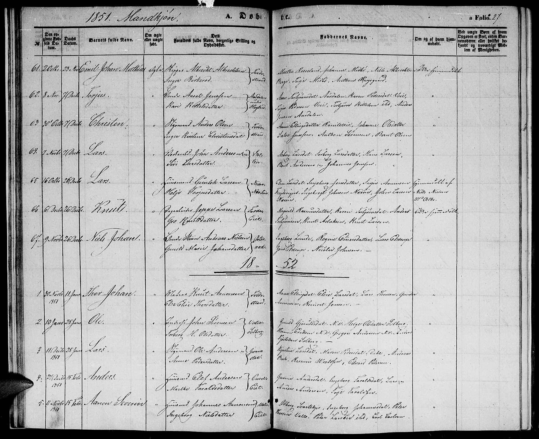 Holt sokneprestkontor, AV/SAK-1111-0021/F/Fb/L0007: Parish register (copy) no. B 7, 1849-1858, p. 27