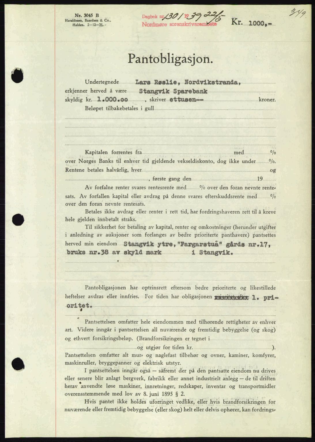 Nordmøre sorenskriveri, AV/SAT-A-4132/1/2/2Ca: Mortgage book no. B85, 1939-1939, Diary no: : 1301/1939