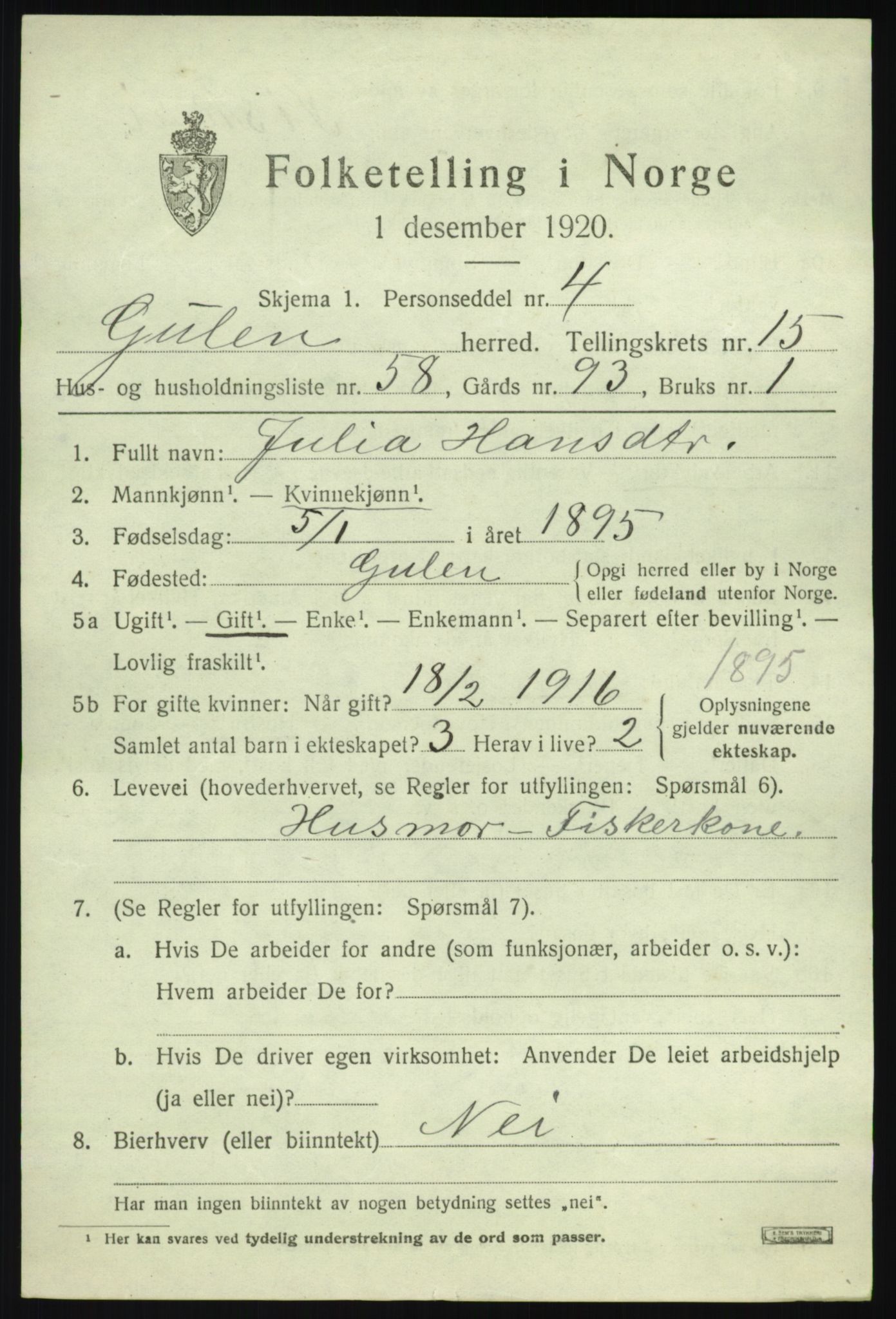 SAB, 1920 census for Gulen, 1920, p. 7155