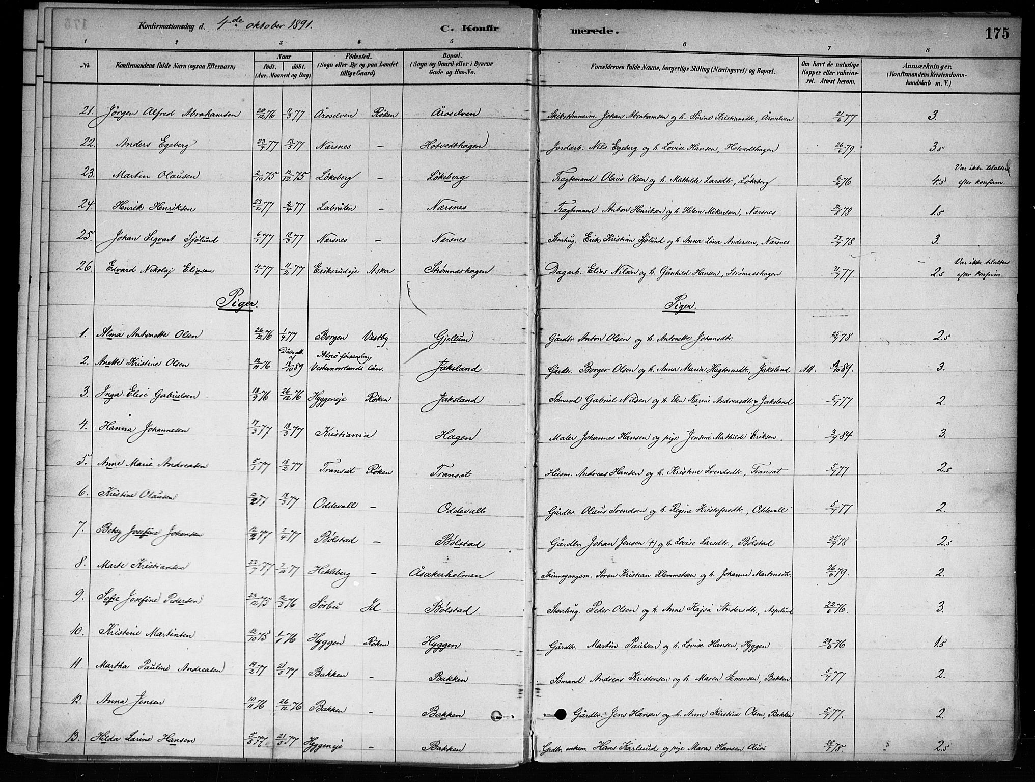 Røyken kirkebøker, SAKO/A-241/F/Fa/L0008: Parish register (official) no. 8, 1880-1897, p. 175