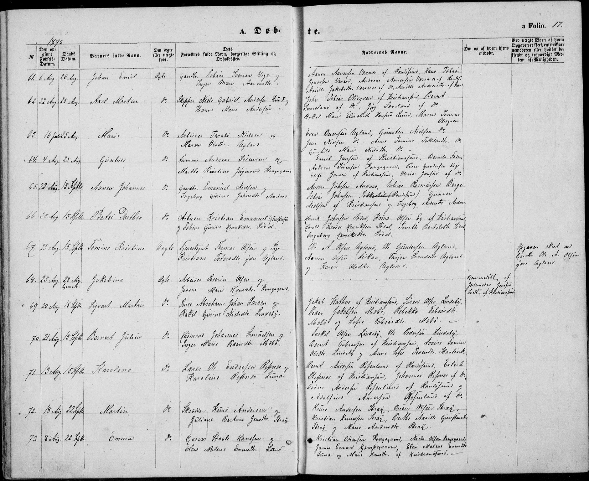 Oddernes sokneprestkontor, AV/SAK-1111-0033/F/Fb/Fba/L0007: Parish register (copy) no. B 7, 1869-1887, p. 17