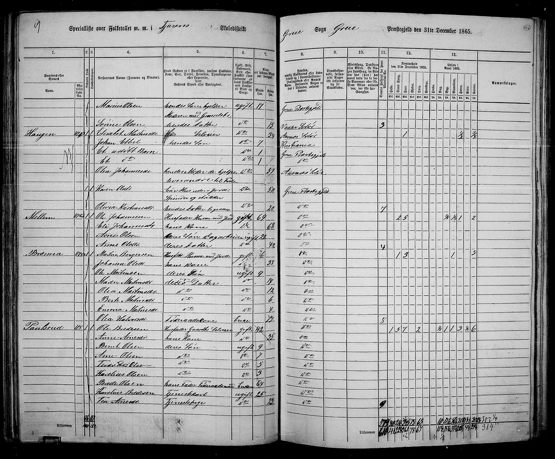 RA, 1865 census for Grue, 1865, p. 129