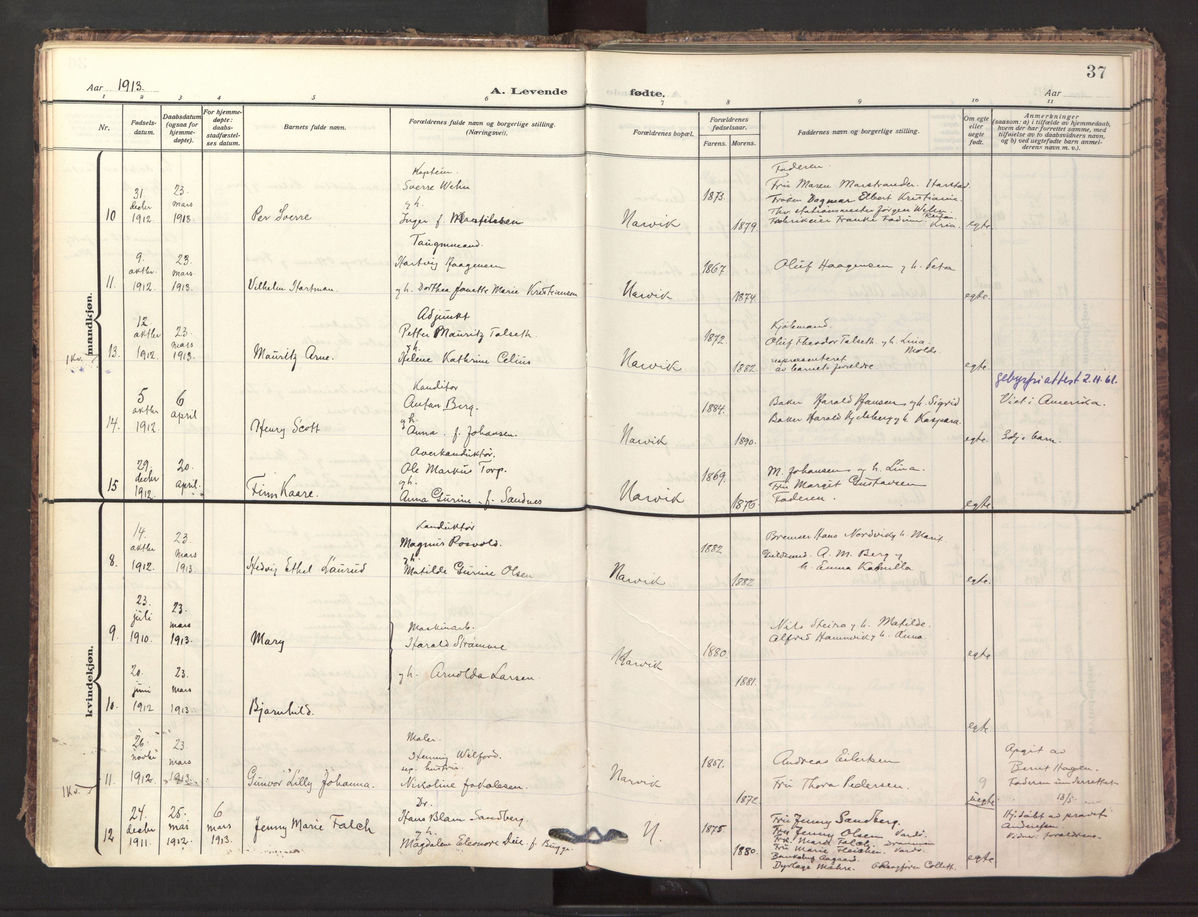 Ministerialprotokoller, klokkerbøker og fødselsregistre - Nordland, AV/SAT-A-1459/871/L1001: Parish register (official) no. 871A17, 1911-1921, p. 37