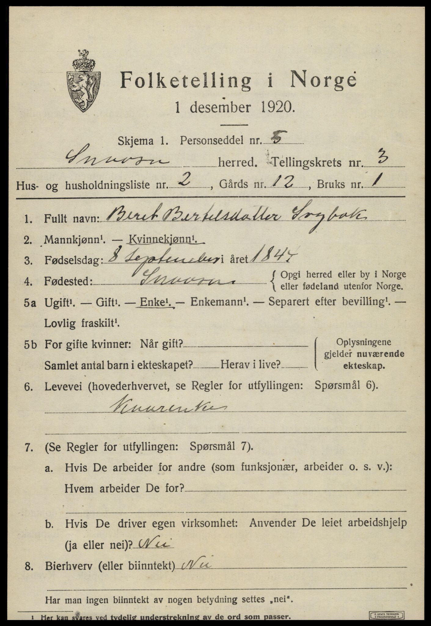 SAT, 1920 census for Snåsa, 1920, p. 1552