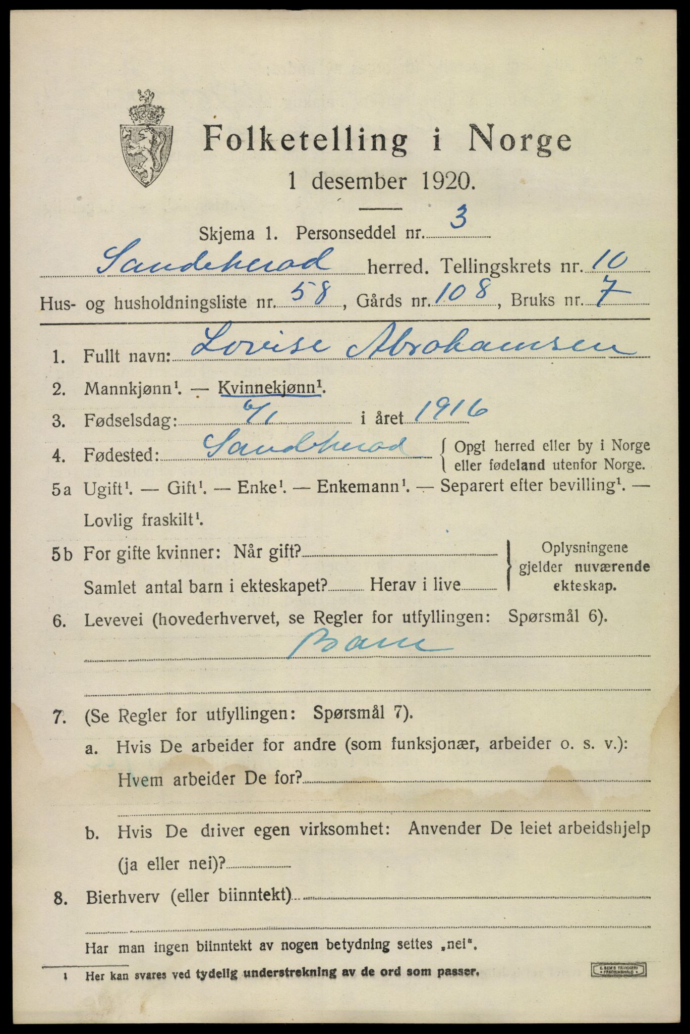 SAKO, 1920 census for Sandeherred, 1920, p. 15260