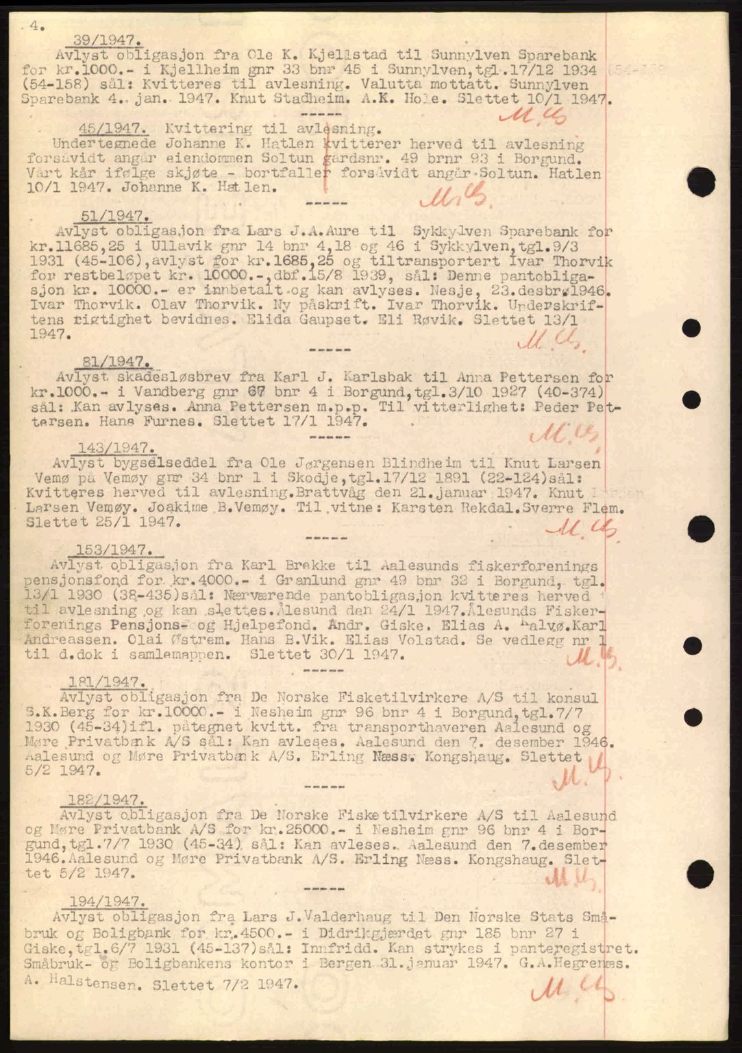 Nordre Sunnmøre sorenskriveri, SAT/A-0006/1/2/2C/2Ca: Mortgage book no. B6-14 a, 1942-1945, Diary no: : 39/1947