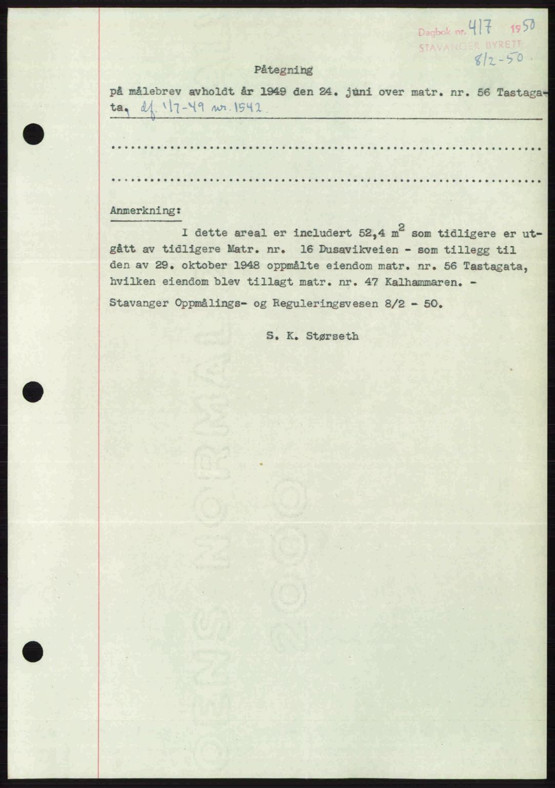 Stavanger byrett, SAST/A-100455/002/G/Gb/L0024: Mortgage book no. A13, 1949-1950, Diary no: : 417/1950