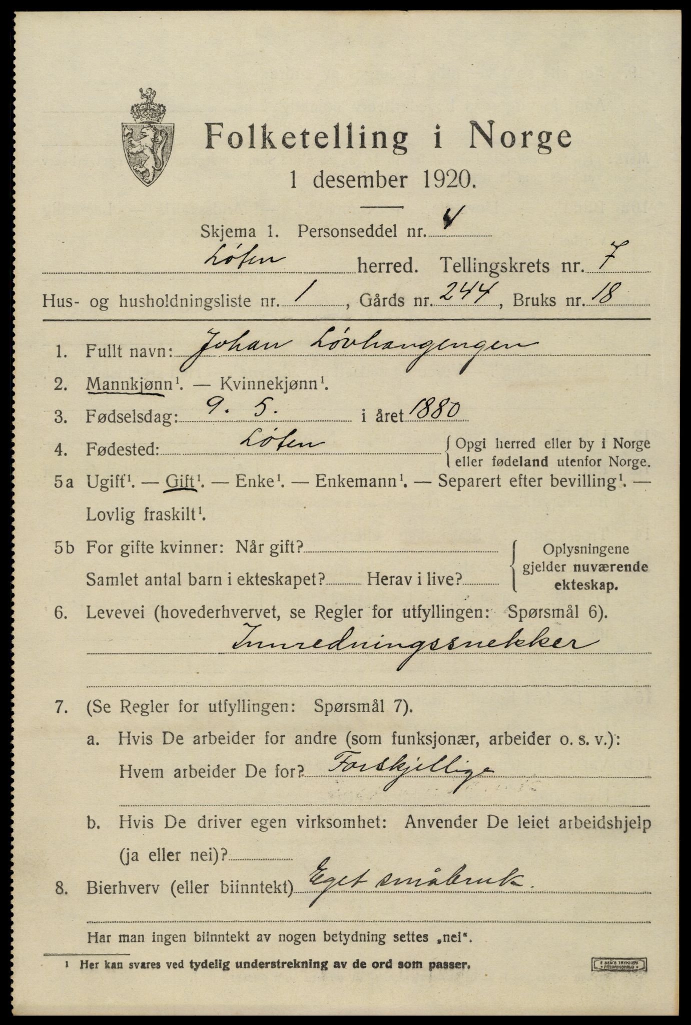 SAH, 1920 census for Løten, 1920, p. 13785