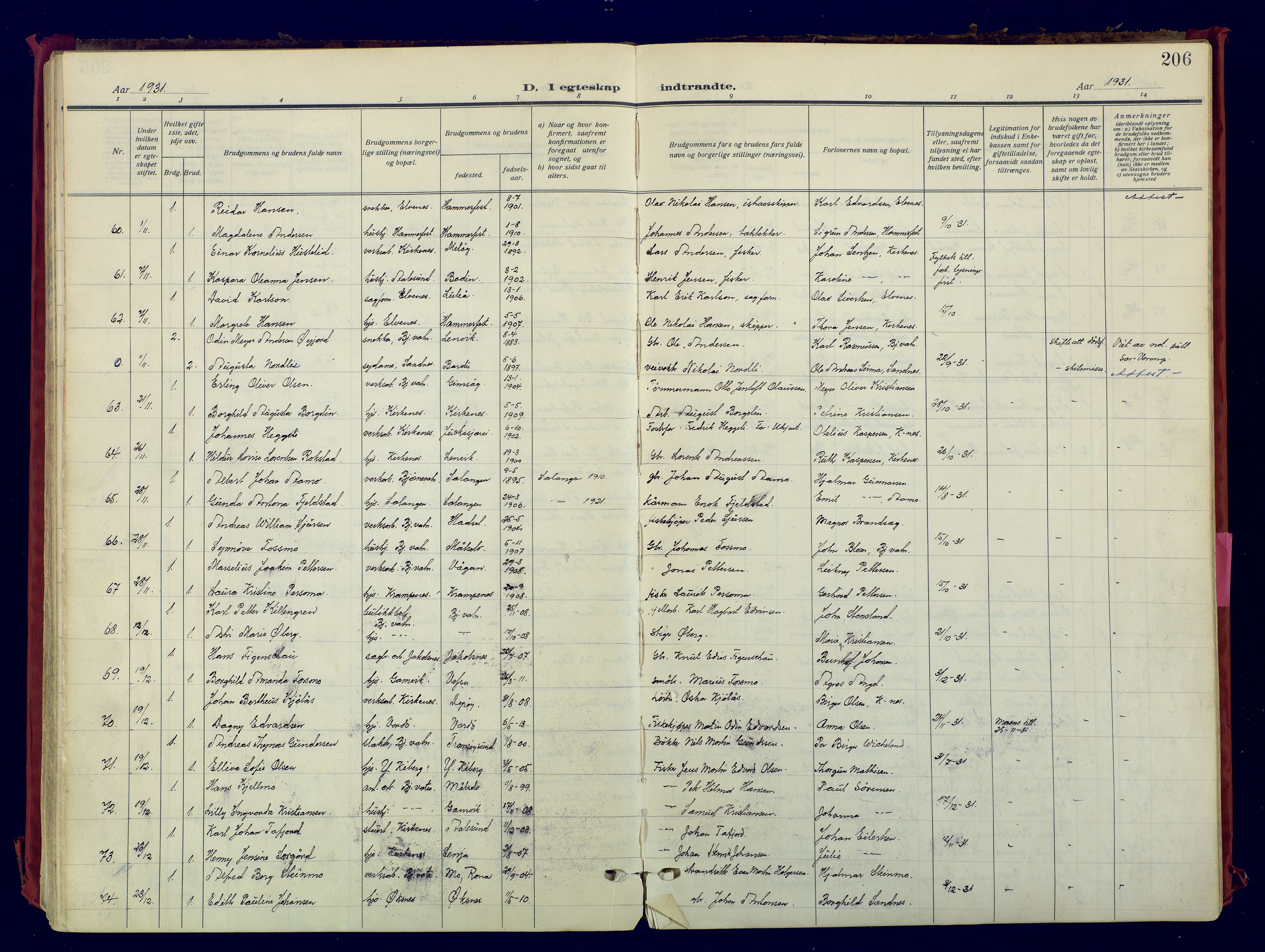 Sør-Varanger sokneprestkontor, AV/SATØ-S-1331/H/Ha/L0007kirke: Parish register (official) no. 7, 1927-1937, p. 206