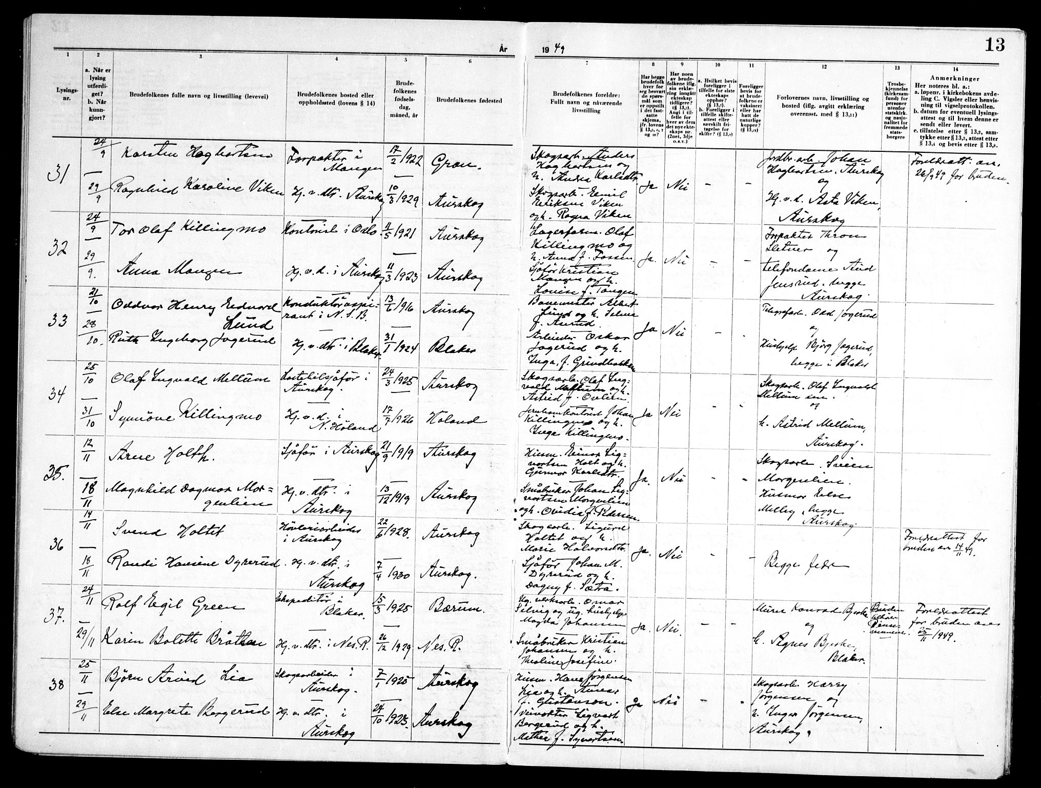 Aurskog prestekontor Kirkebøker, AV/SAO-A-10304a/H/Ha/L0003: Banns register no. 3, 1947-1967, p. 13