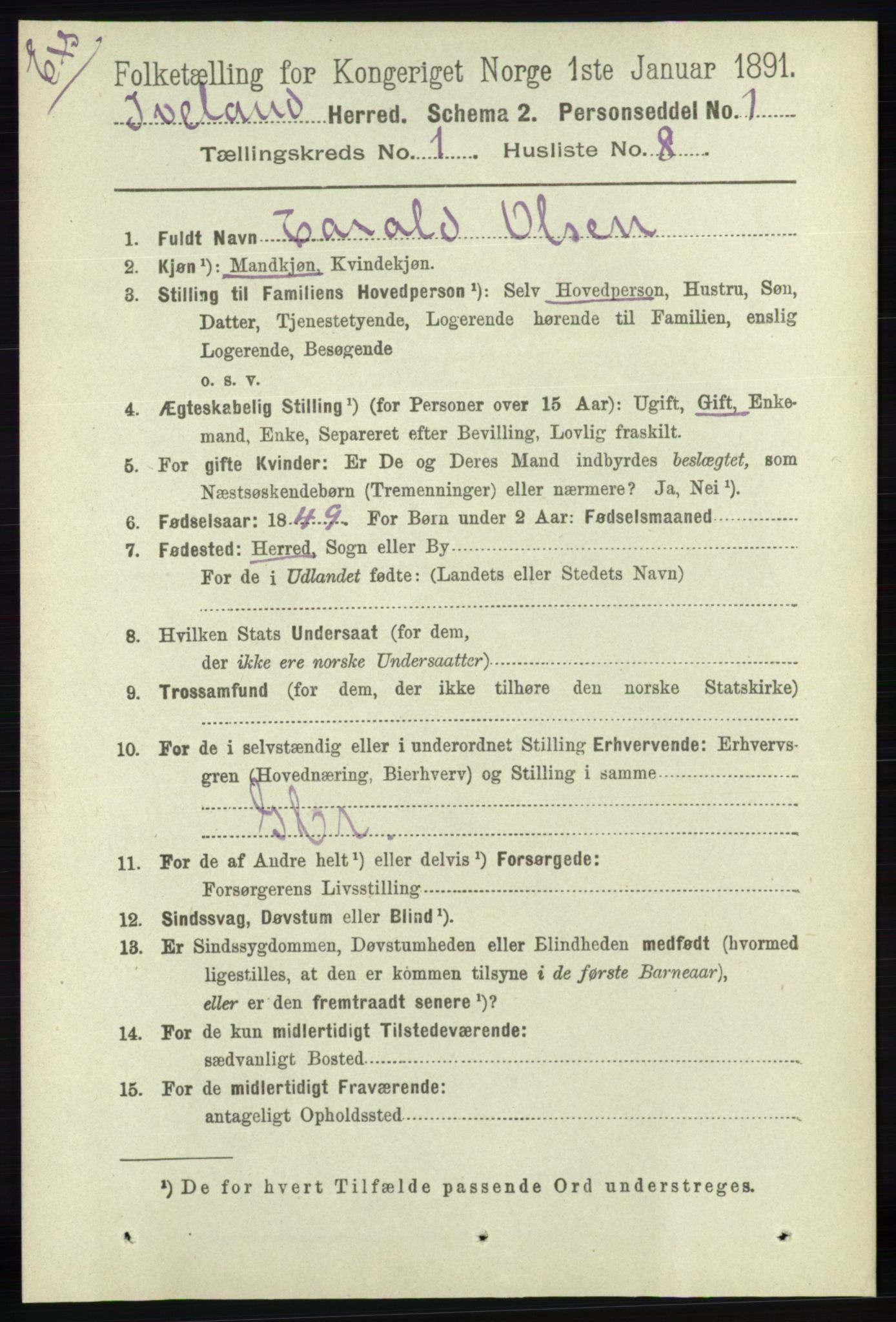 RA, Census 1891 for Nedenes amt: Gjenparter av personsedler for beslektede ektefeller, menn, 1891, p. 934