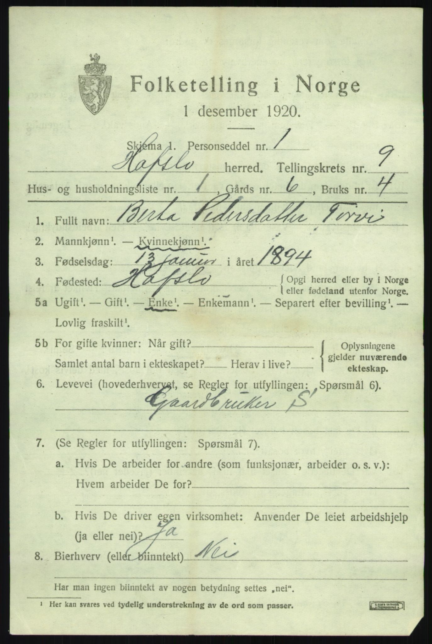 SAB, 1920 census for Hafslo, 1920, p. 6320