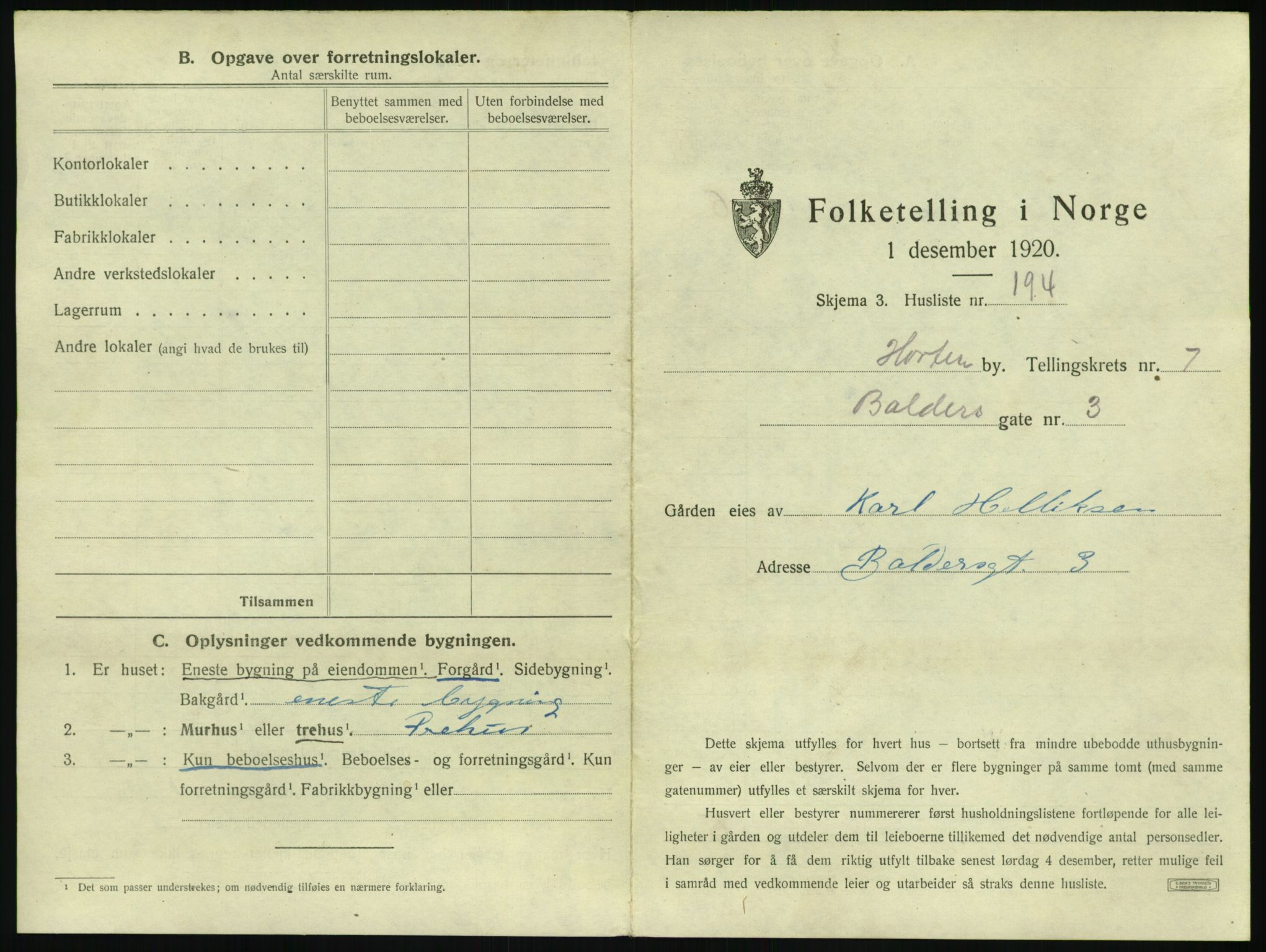 SAKO, 1920 census for Horten, 1920, p. 2785