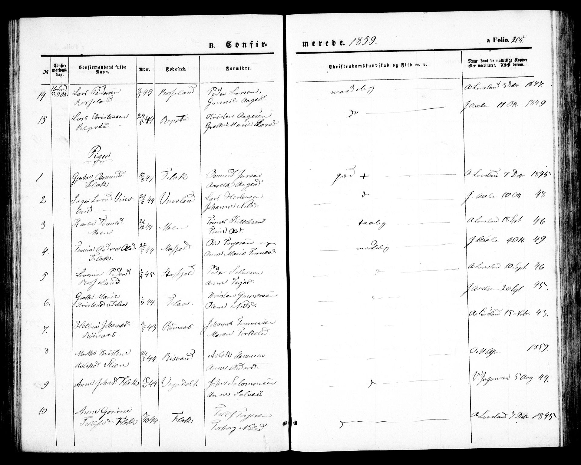 Birkenes sokneprestkontor, SAK/1111-0004/F/Fb/L0002: Parish register (copy) no. B 2, 1849-1876, p. 205