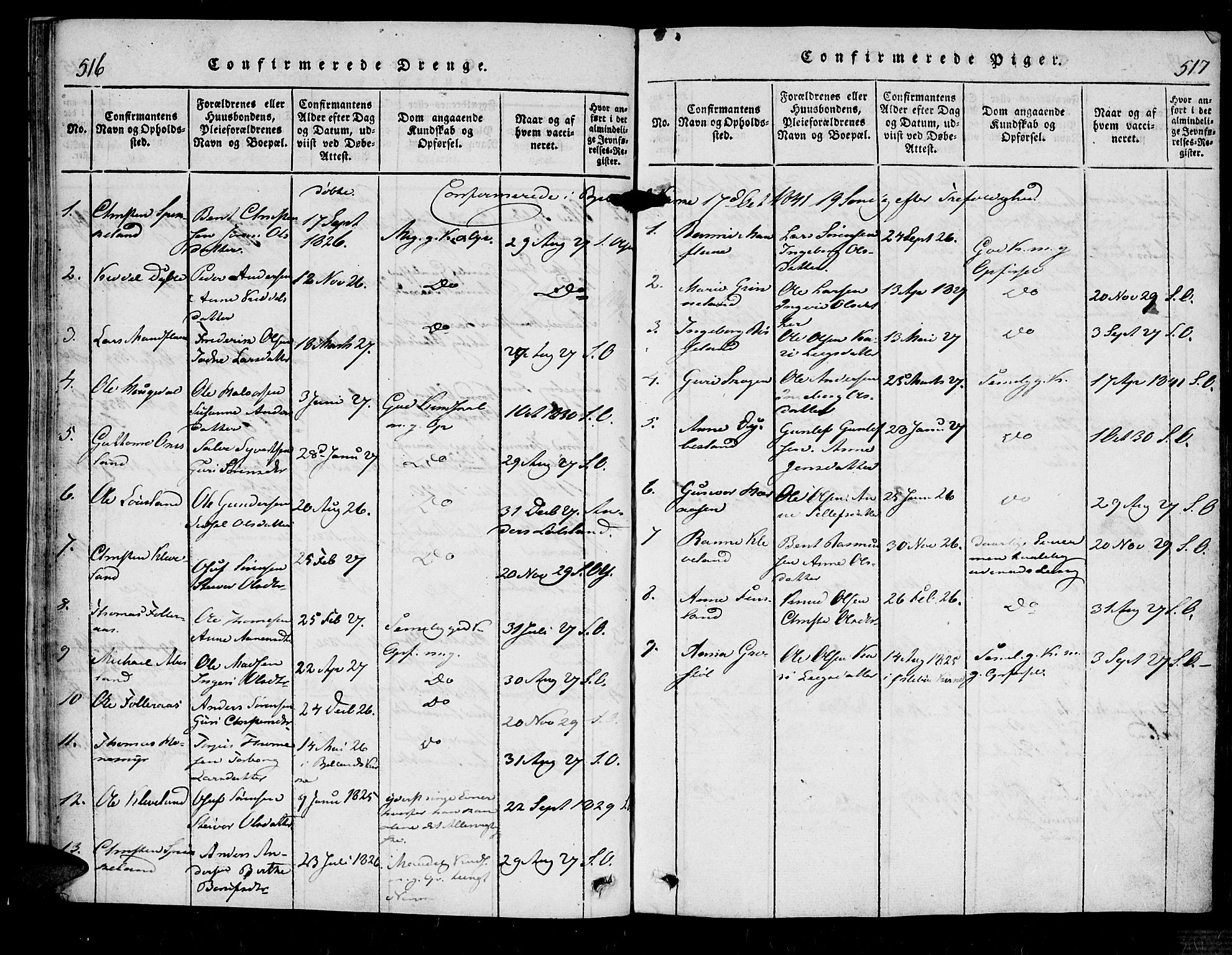 Bjelland sokneprestkontor, SAK/1111-0005/F/Fa/Fab/L0002: Parish register (official) no. A 2, 1816-1869, p. 516-517