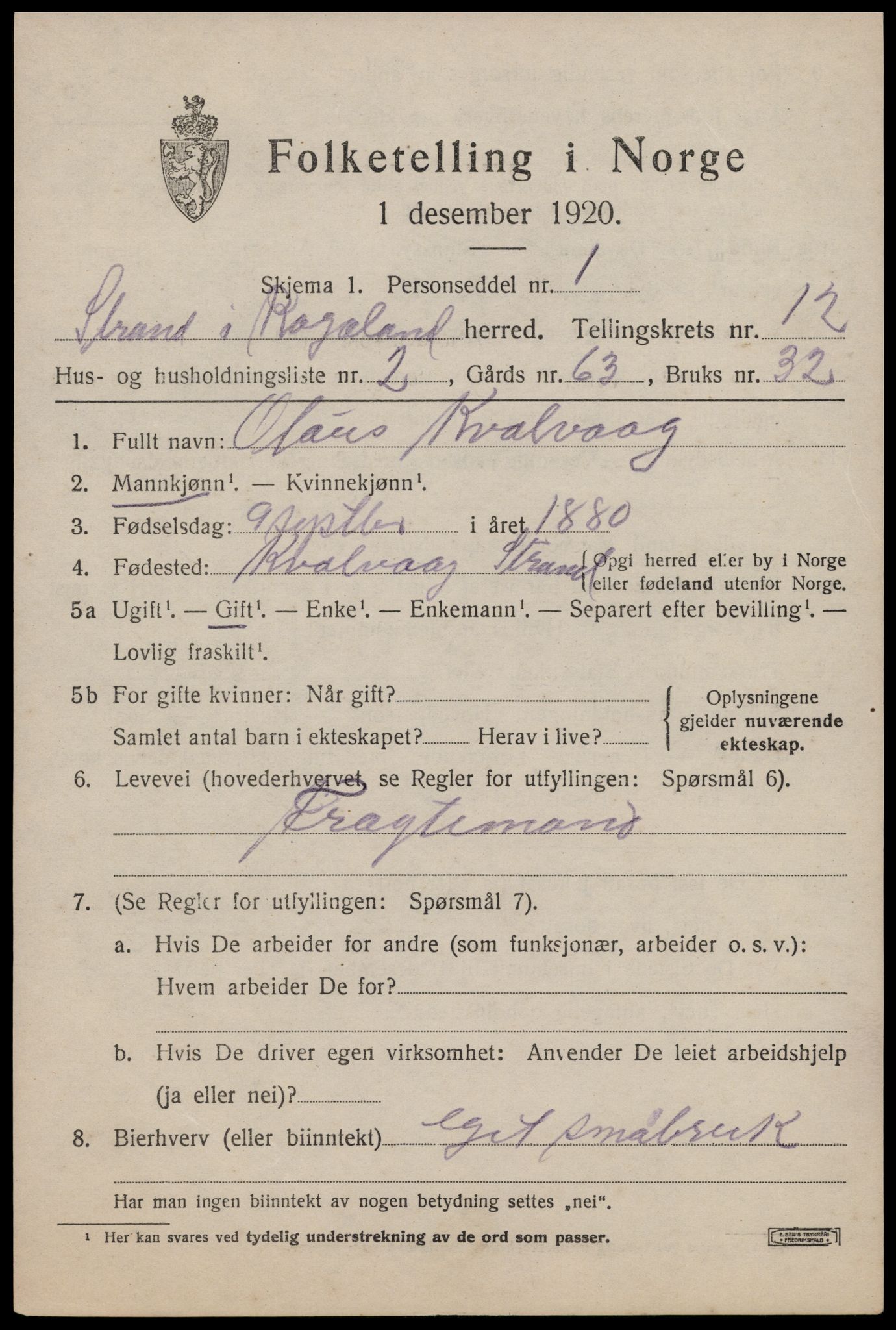 SAST, 1920 census for Strand, 1920, p. 7185