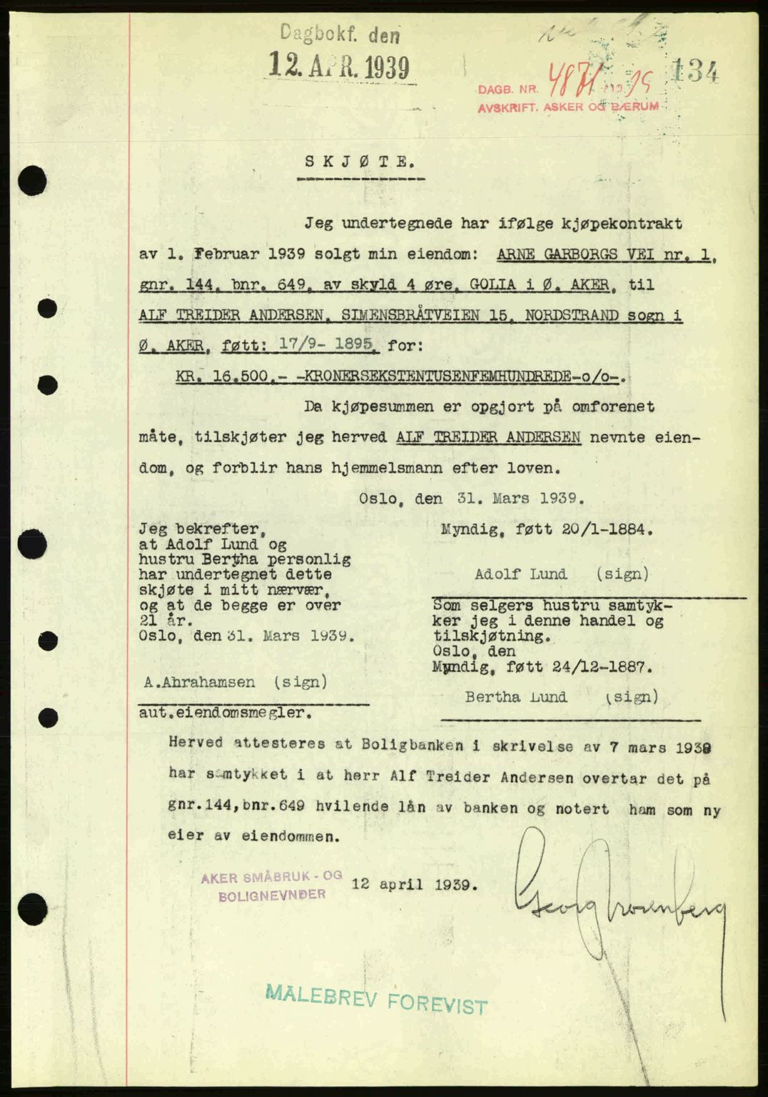 Aker herredsskriveri, AV/SAO-A-10896/G/Gb/Gba/Gbab/L0030: Mortgage book no. A158-159, 1939-1939, Diary no: : 4871/1939