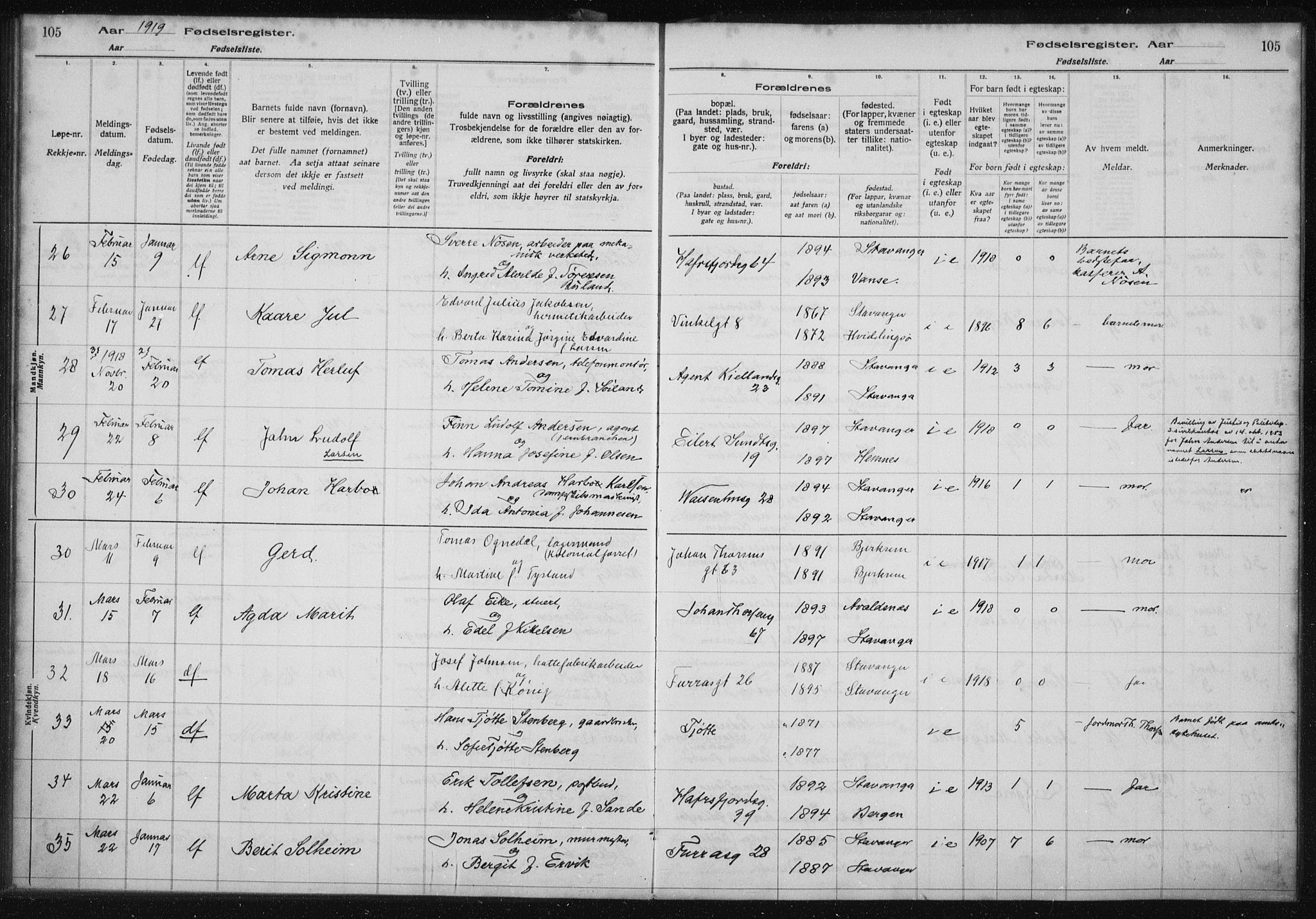 St. Petri sokneprestkontor, SAST/A-101813/002/A/L0001: Birth register no. 1, 1916-1922, p. 105