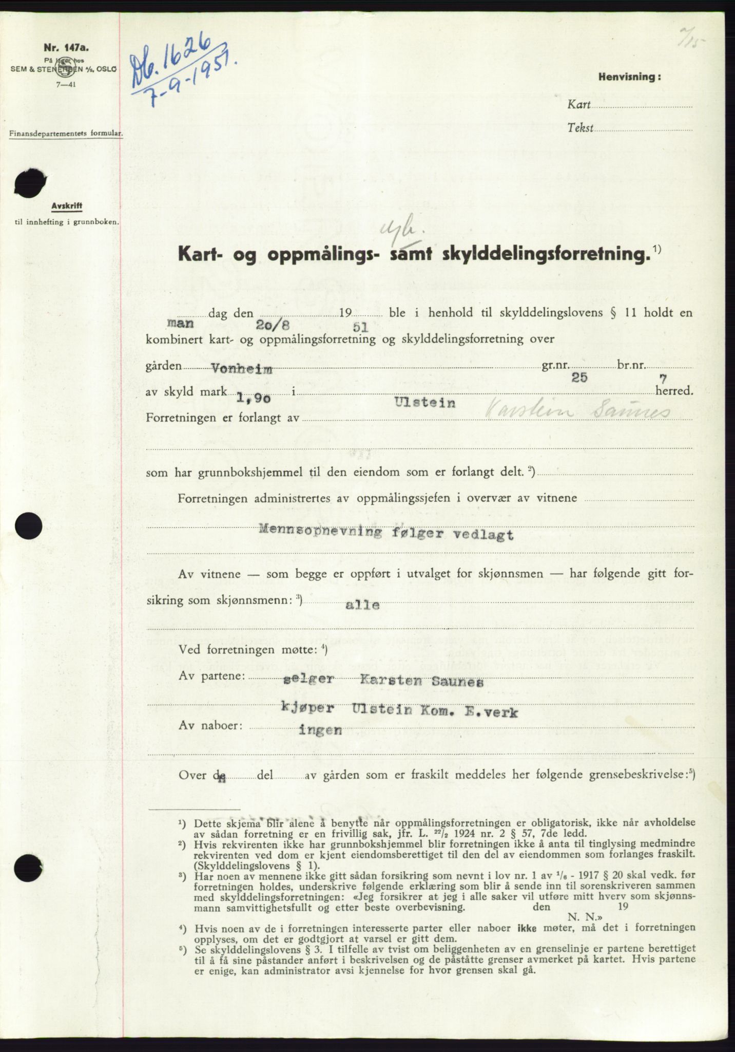 Søre Sunnmøre sorenskriveri, AV/SAT-A-4122/1/2/2C/L0089: Mortgage book no. 15A, 1951-1951, Diary no: : 1626/1951