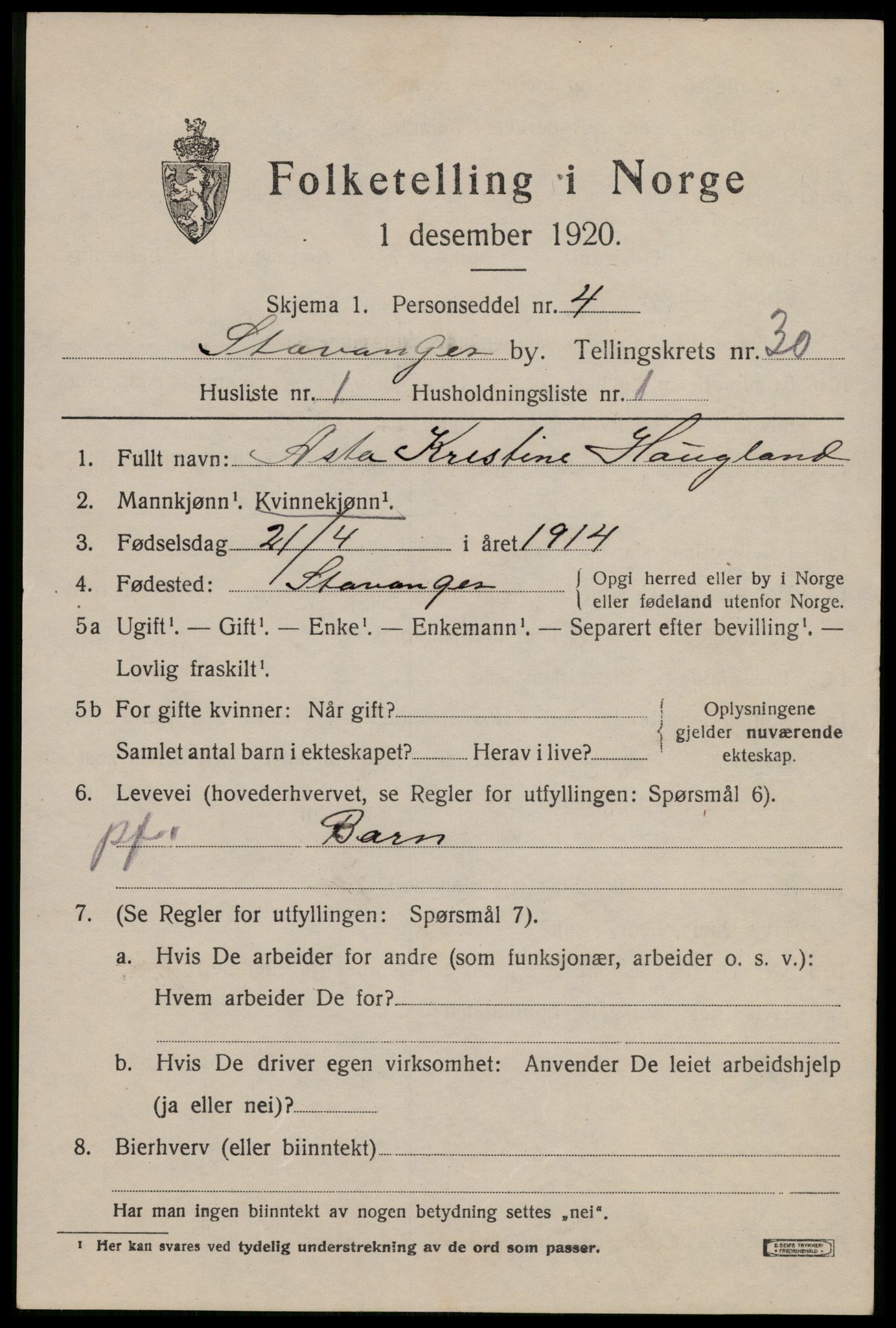 SAST, 1920 census for Stavanger, 1920, p. 84972