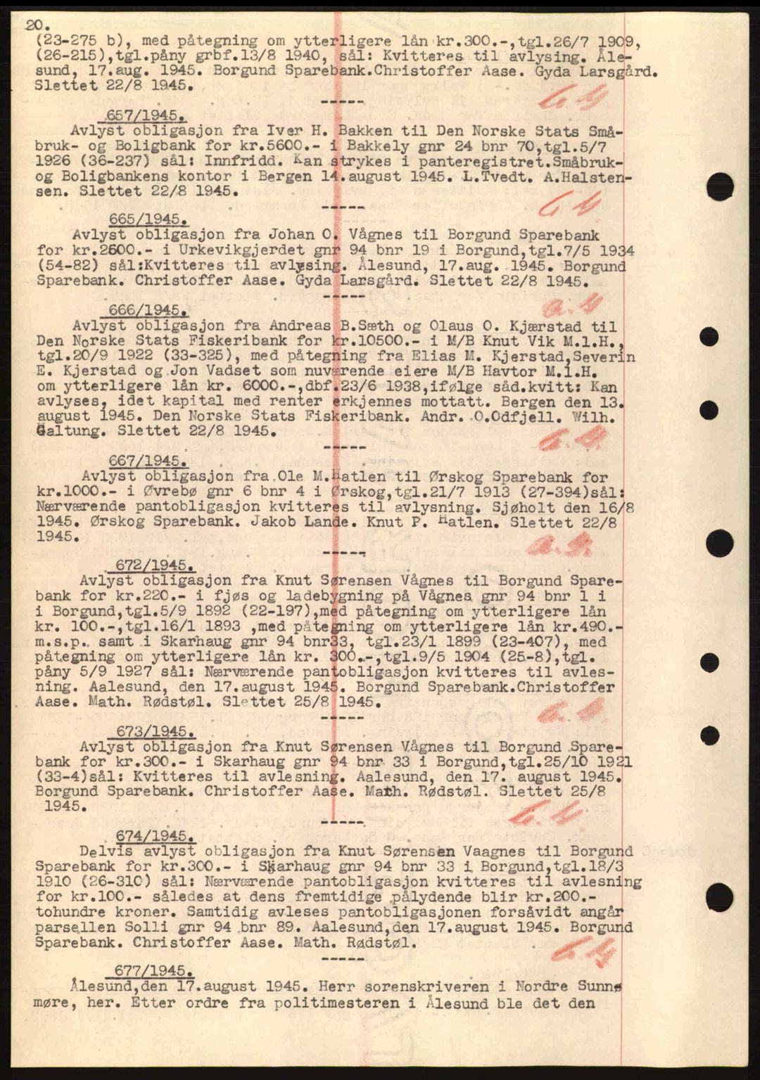 Nordre Sunnmøre sorenskriveri, SAT/A-0006/1/2/2C/2Ca: Mortgage book no. B6-14 a, 1942-1945, Diary no: : 657/1945